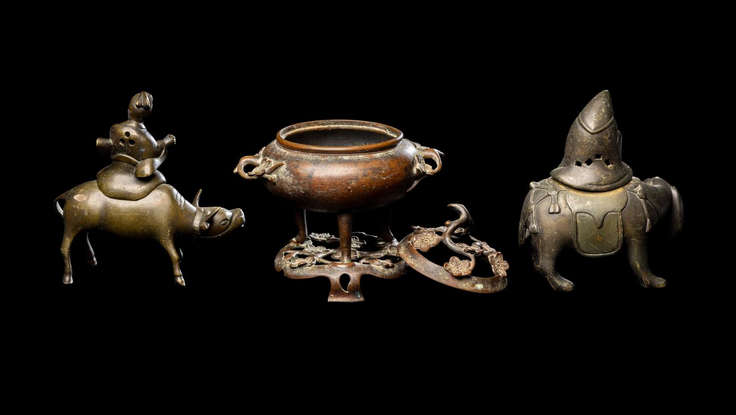 Three Japanese Bronze Incense Burners