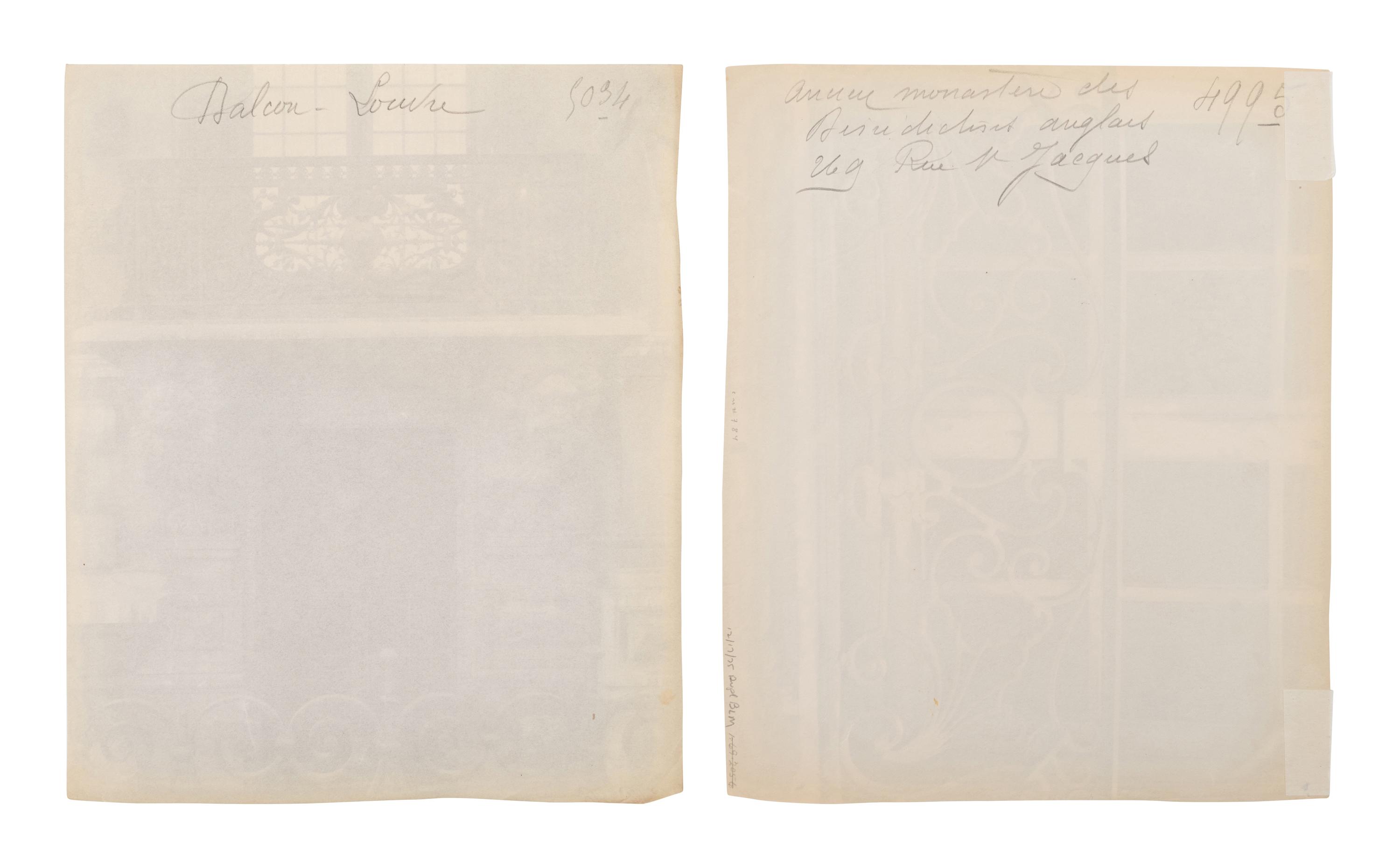 A pair of photographs ( Balcon, Louvre; Ancien Monastère des Bénédictins anglais, 269 rue Saint-Jacques )