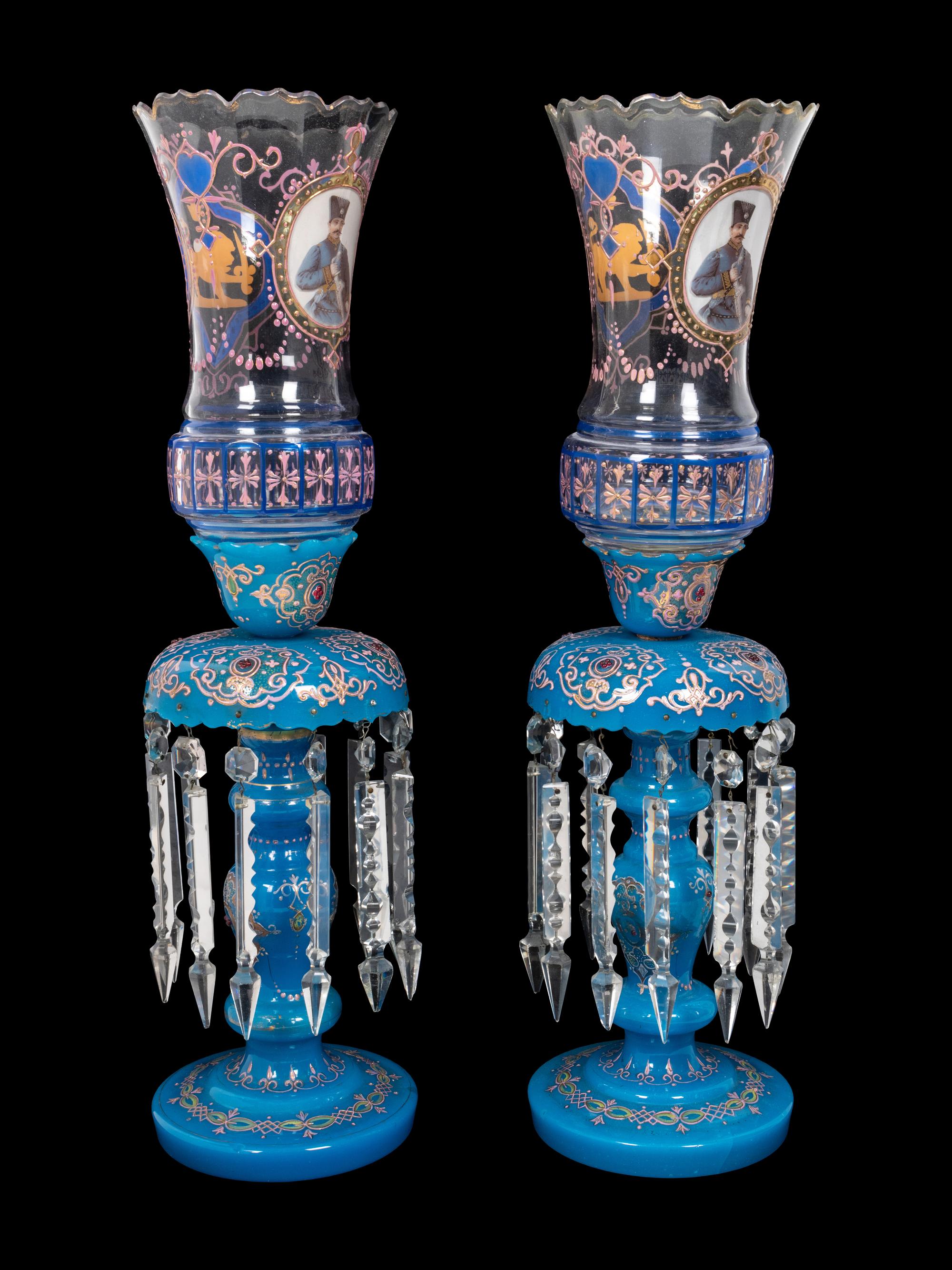 A Pair of Bohemian Enameled Opaline Glass Lusters for the Persian Market