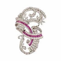 Diamond, Ruby, and Platinum Brooch