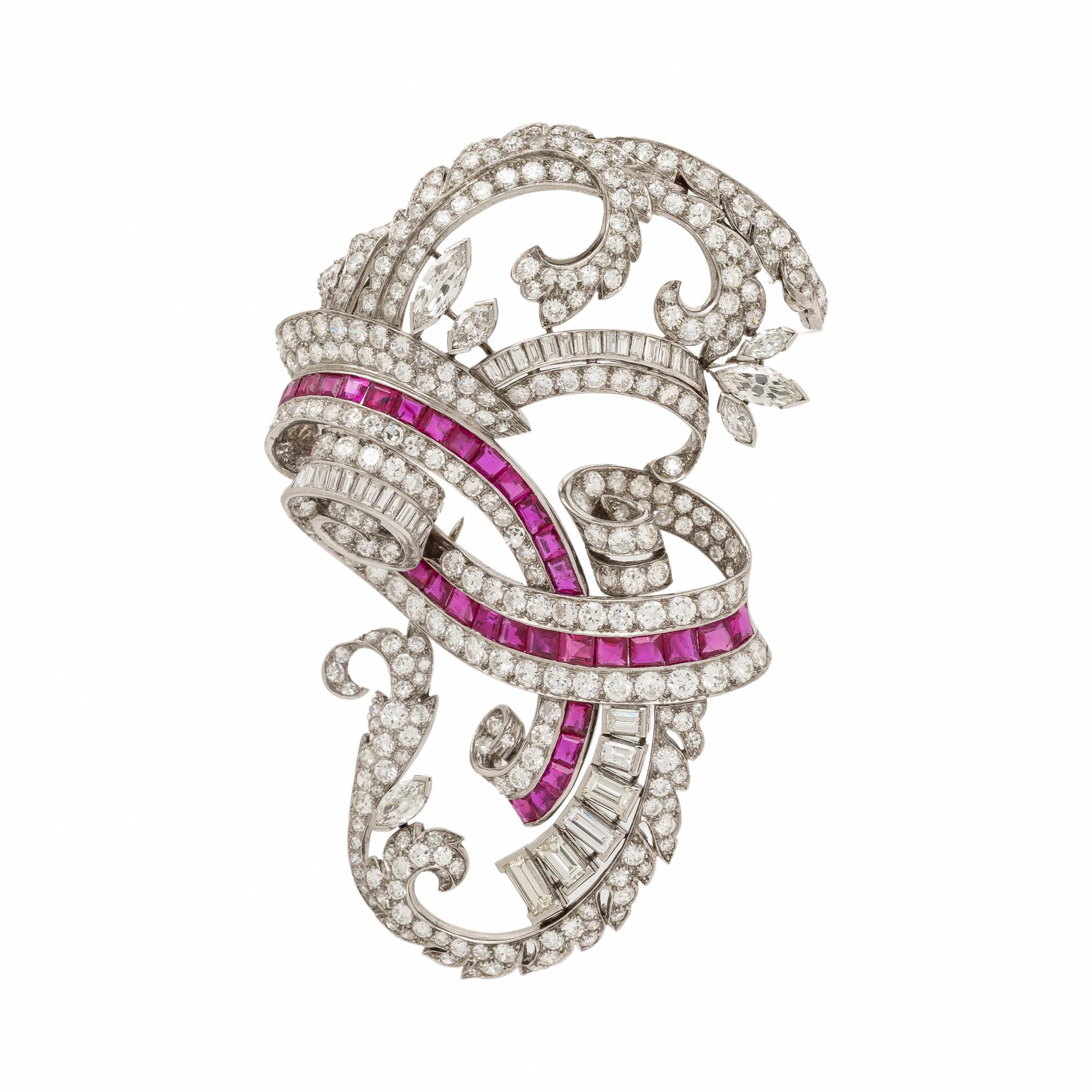 Diamond, Ruby, and Platinum Brooch