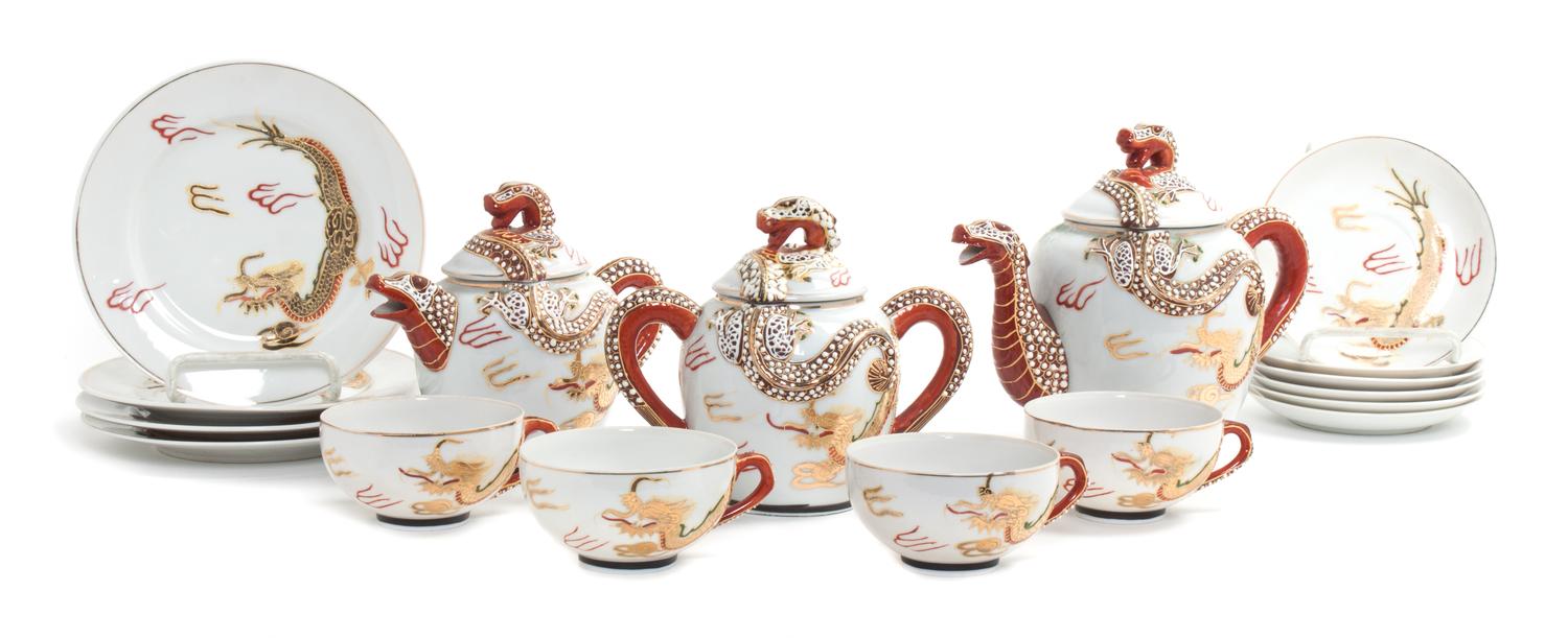 A Japanese Enameled Partial Tea Set Height of tallest 7 1/2 inches.
