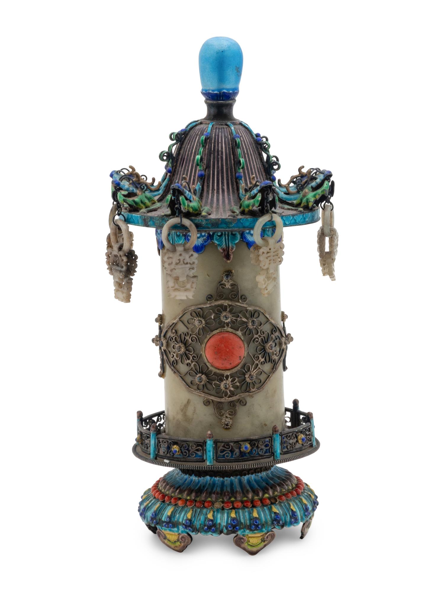 A Chinese Jade Inset Enamel on Silver Incense Burner