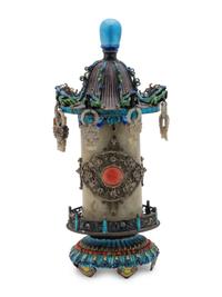 A Chinese Jade Inset Enamel on Silver Incense Burner
