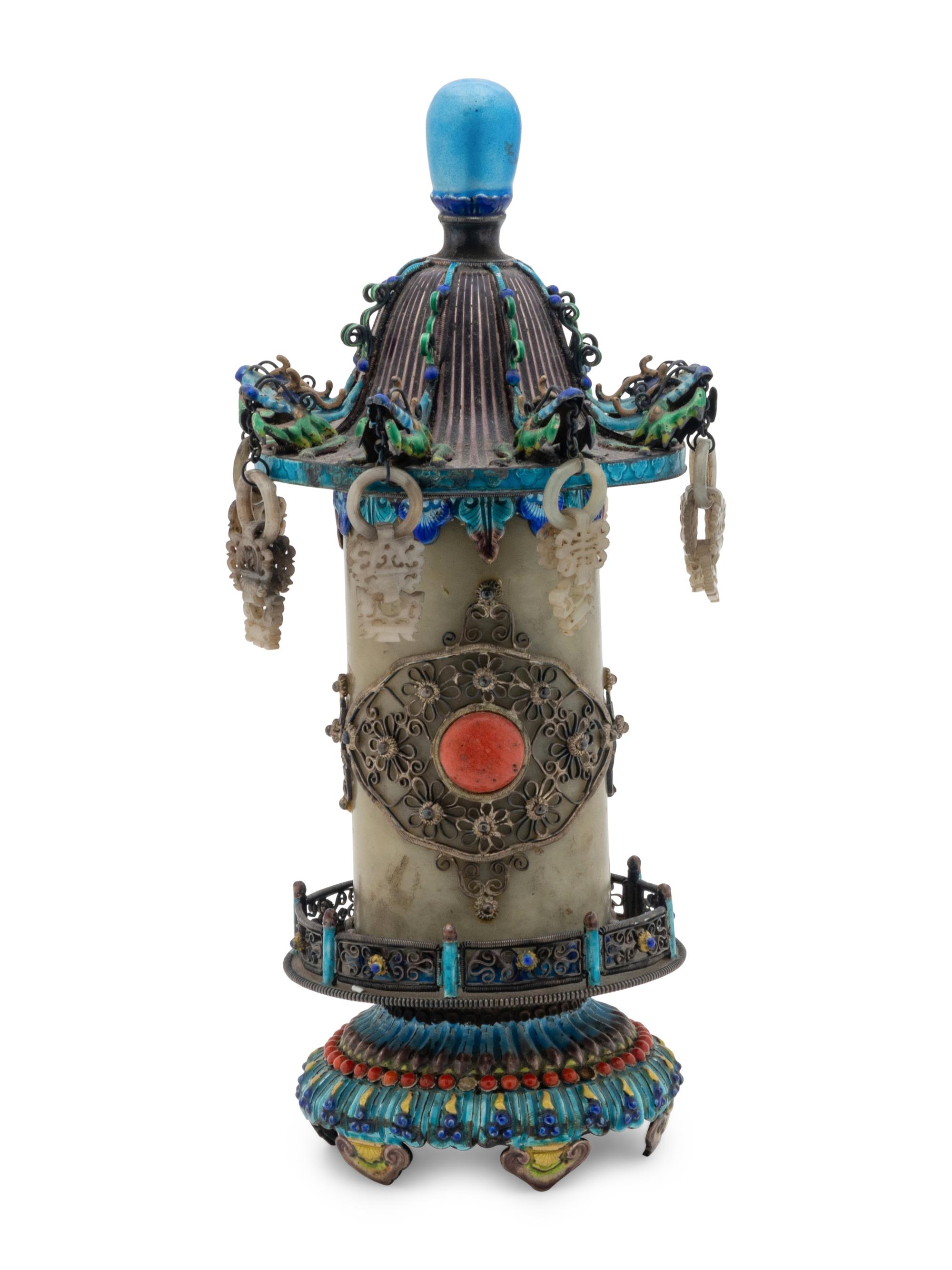 A Chinese Jade Inset Enamel on Silver Incense Burner