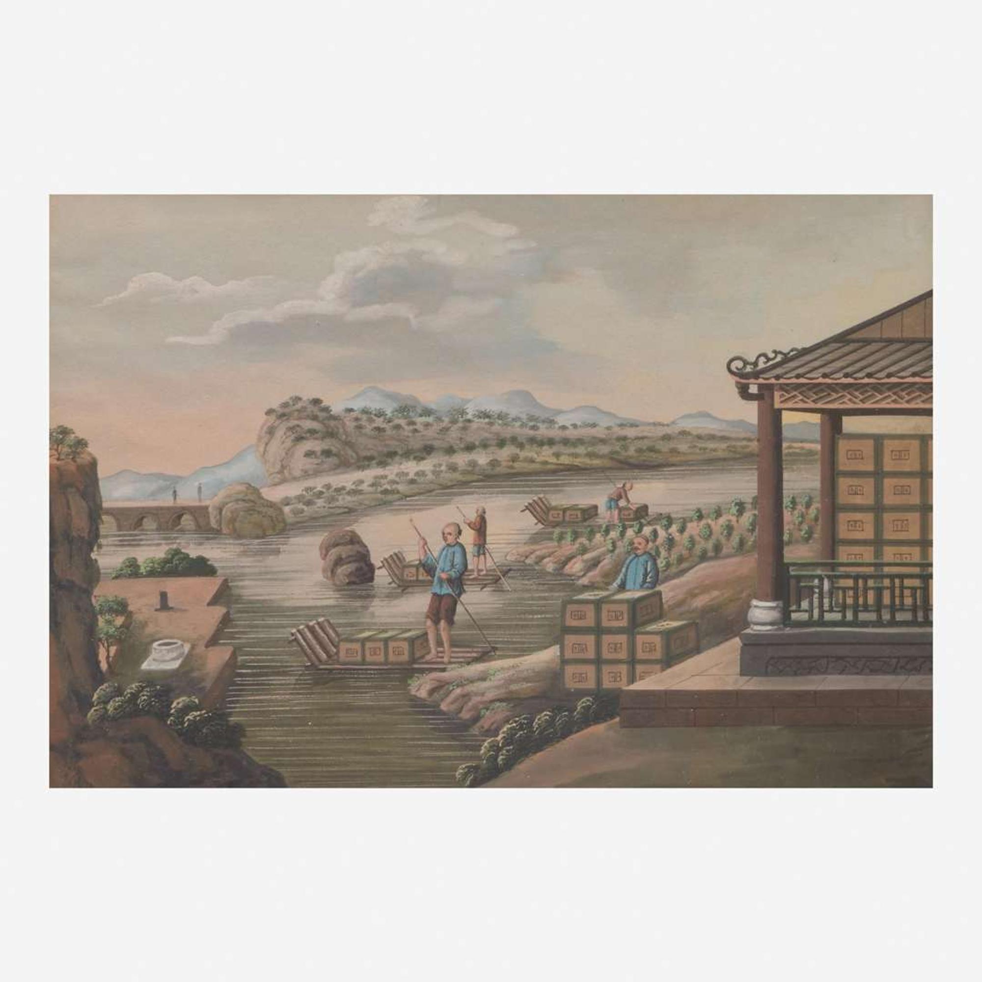 A group of three Chinese export paintings depicting scenes from the production of tea 製茶圖三幅 19th century ????