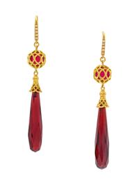 A Pair of 18 Karat Yellow Gold, Diamond and Garnet Earrings, Cynthia Bach,