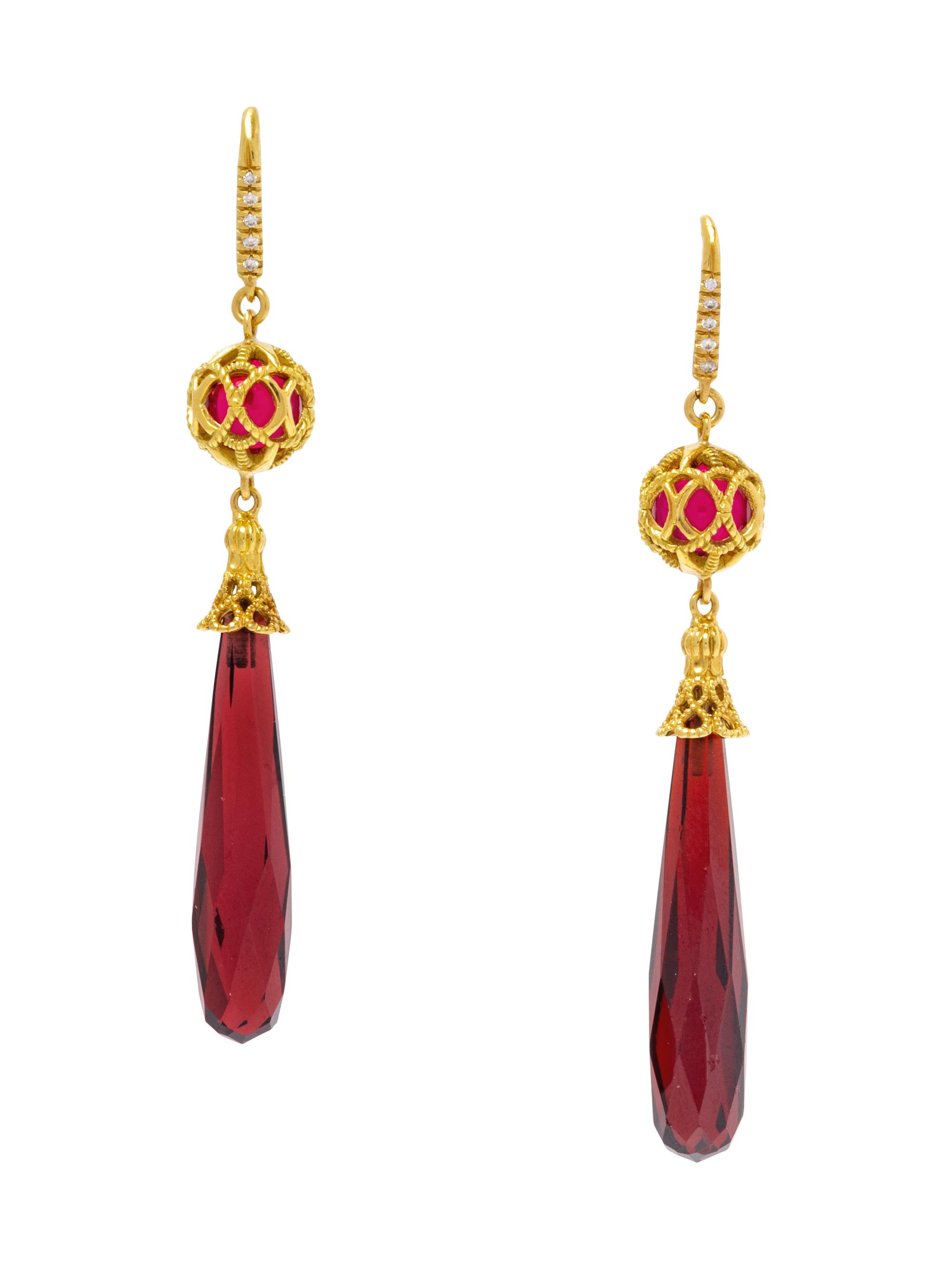 A Pair of 18 Karat Yellow Gold, Diamond and Garnet Earrings, Cynthia Bach,