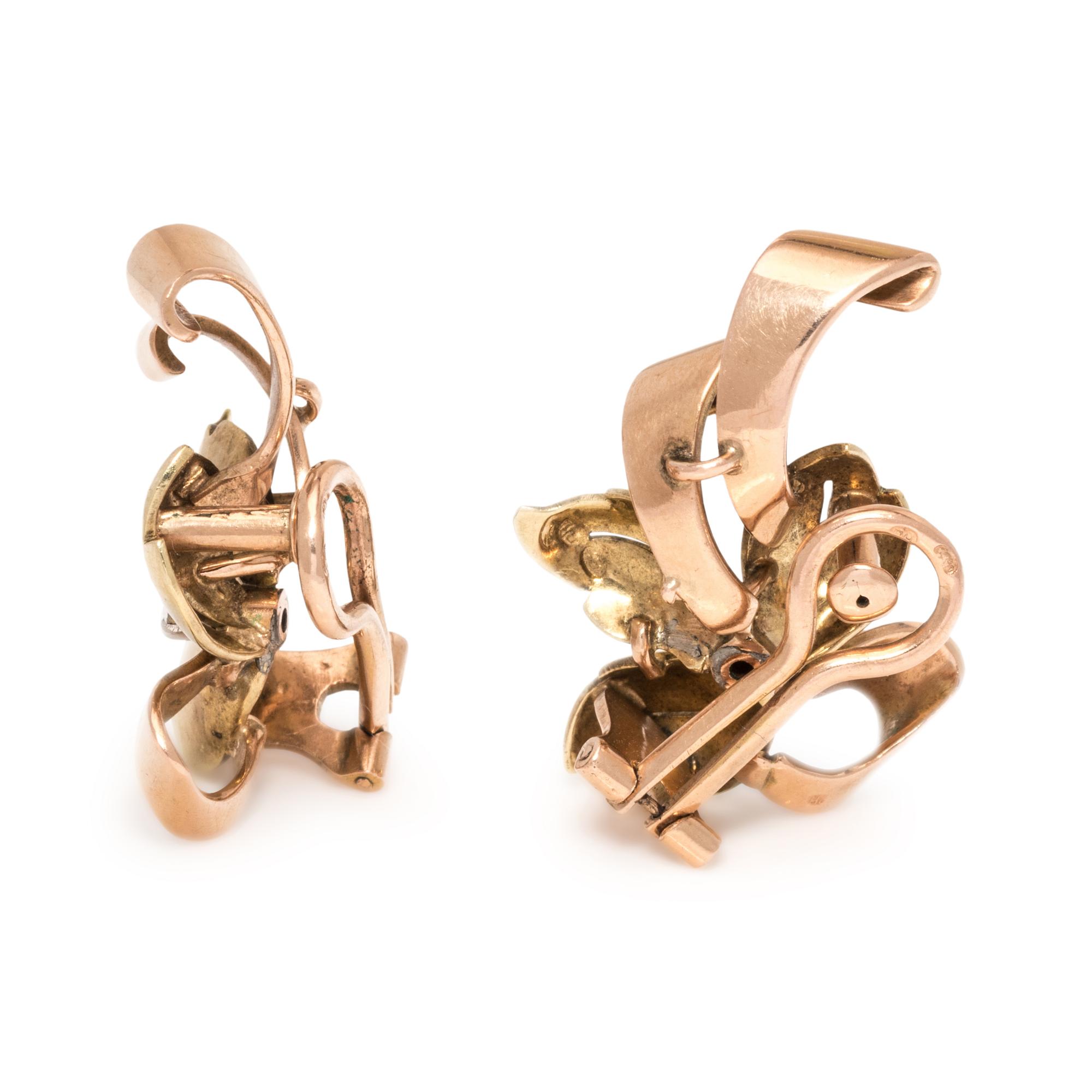 RETRO, BICOLOR GOLD AND DIAMOND FLOWER EARCLIPS