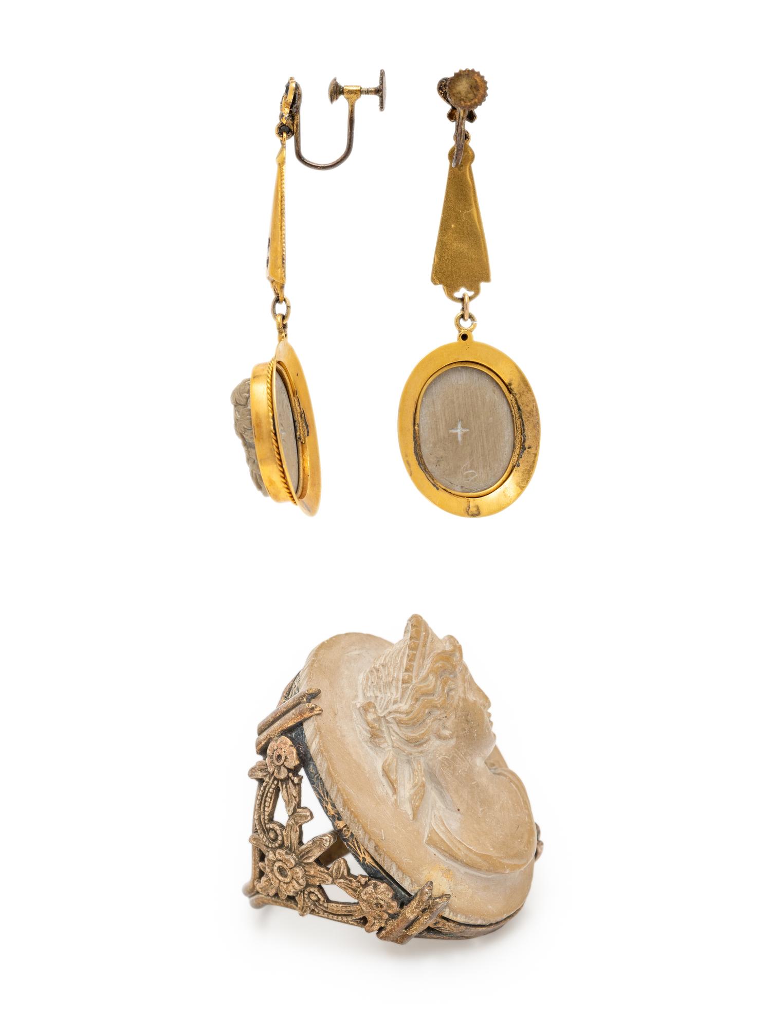 COLLECTION OF YELLOW GOLD AND LAVA CAMEO JEWELRY