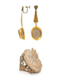 COLLECTION OF YELLOW GOLD AND LAVA CAMEO JEWELRY