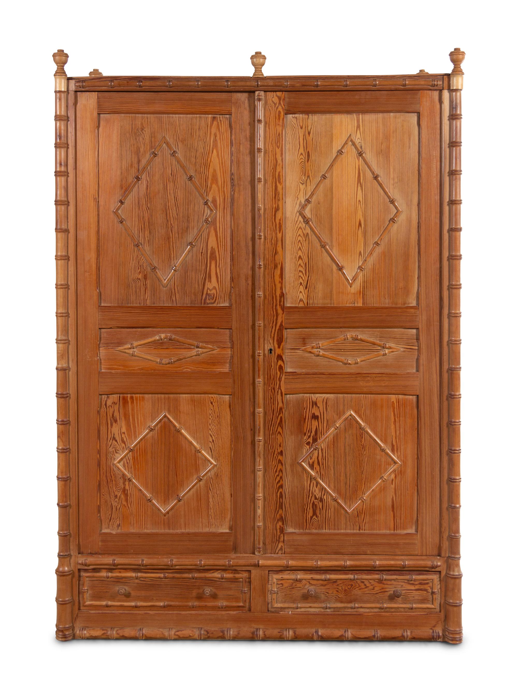 A Faux Bamboo Carved Pine Armoire