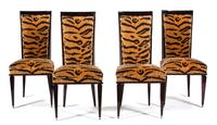 A Set of Four Art Deco Style Black Lacquer Dining Chairs Height 41 x width 19 1/2 x depth 20 1/2 inches. — AFTER JULES LELEU, 20TH CENTURY
