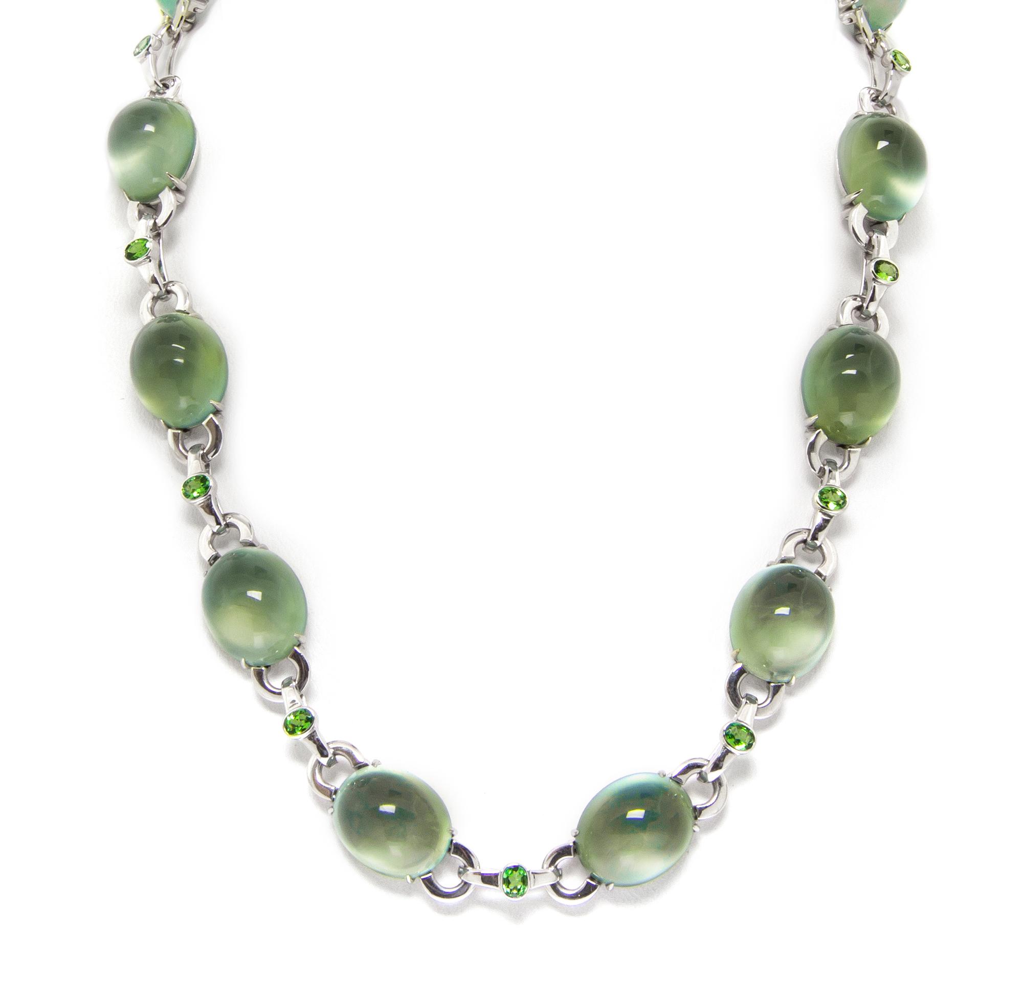 An 18 Karat White Gold, Prehnite, Green Tsavorite Garnet and Diamond Demi Parure, 65.40 dwts.