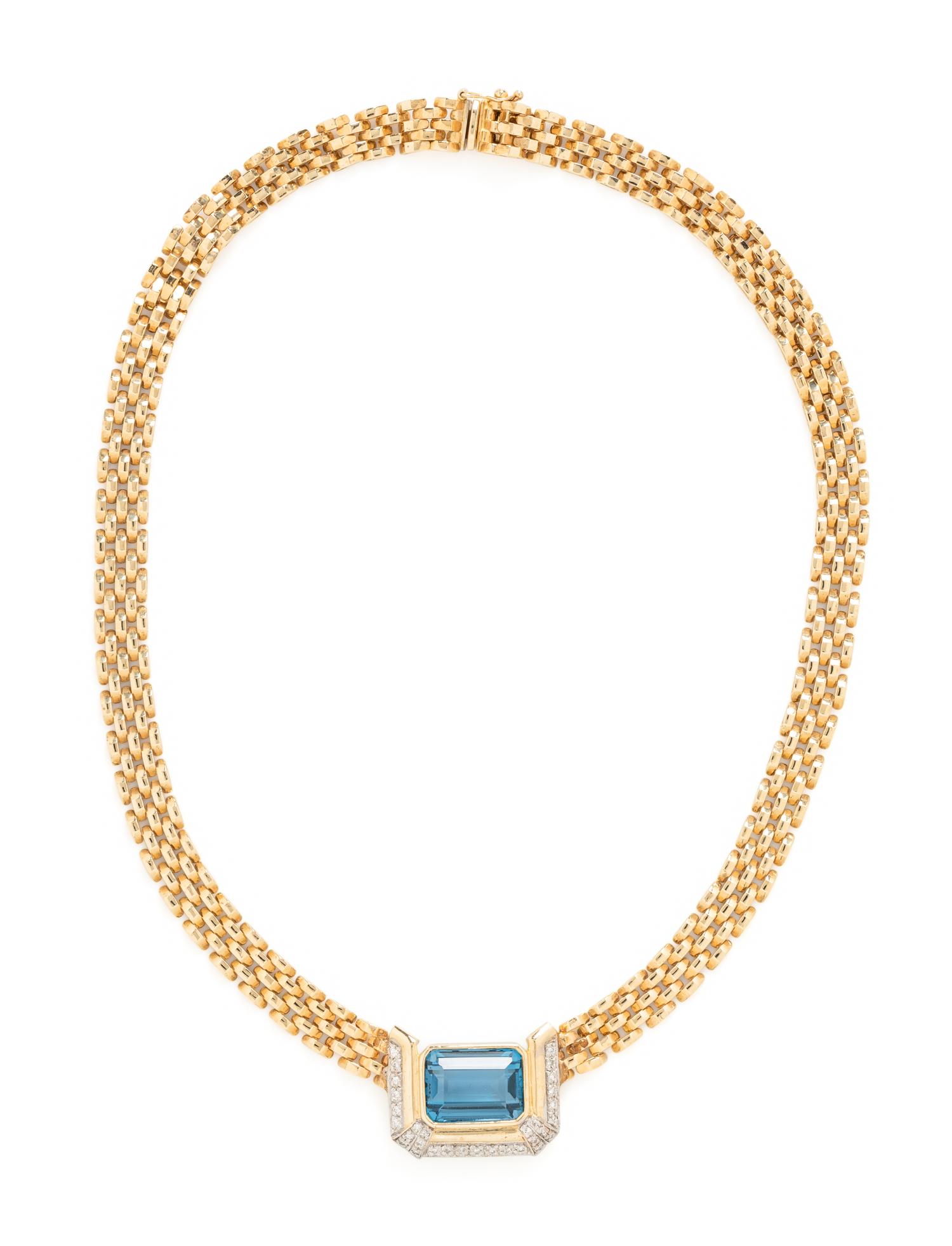 YELLOW GOLD, DIAMOND AND BLUE TOPAZ PENDANT NECKLACE