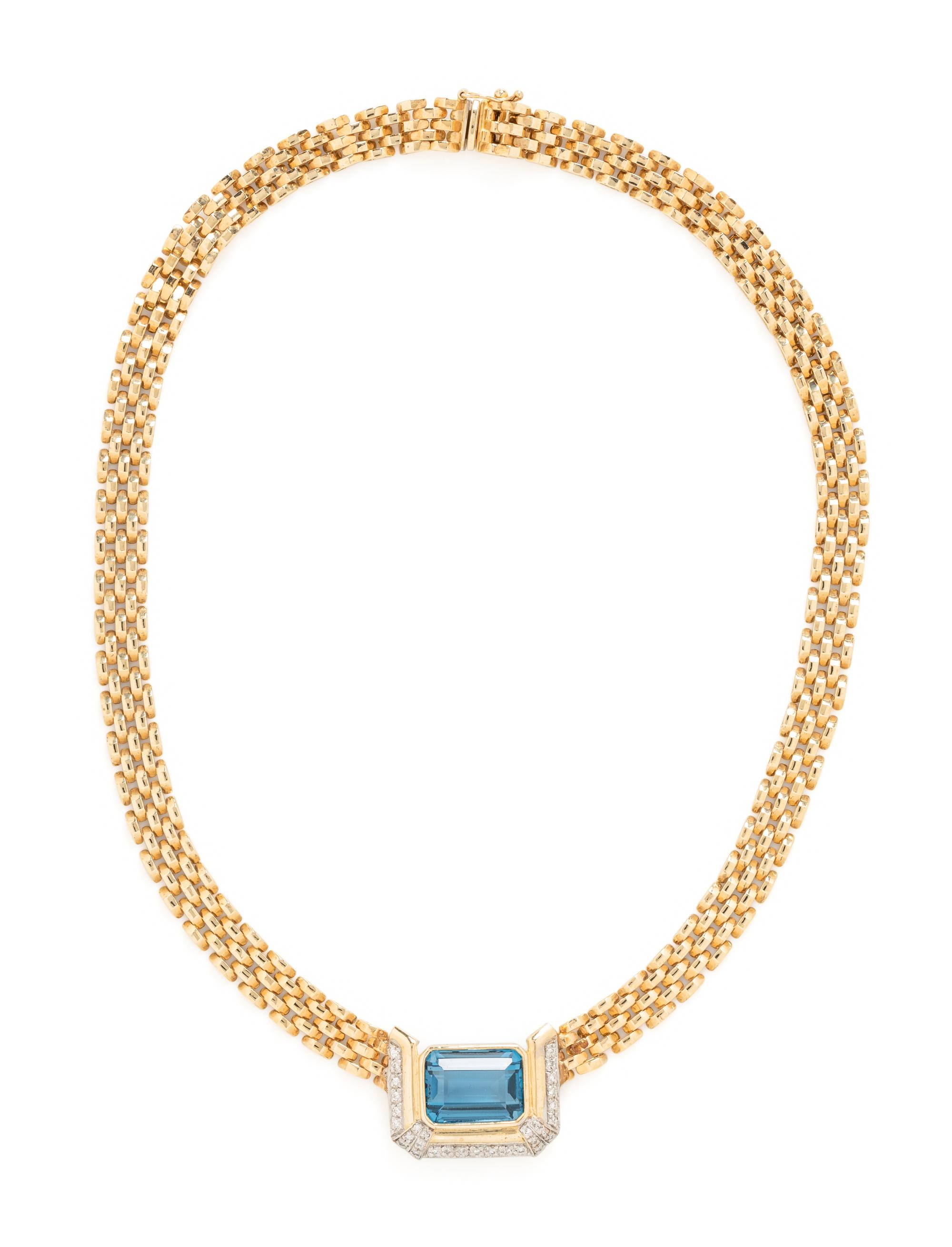 YELLOW GOLD, DIAMOND AND BLUE TOPAZ PENDANT NECKLACE