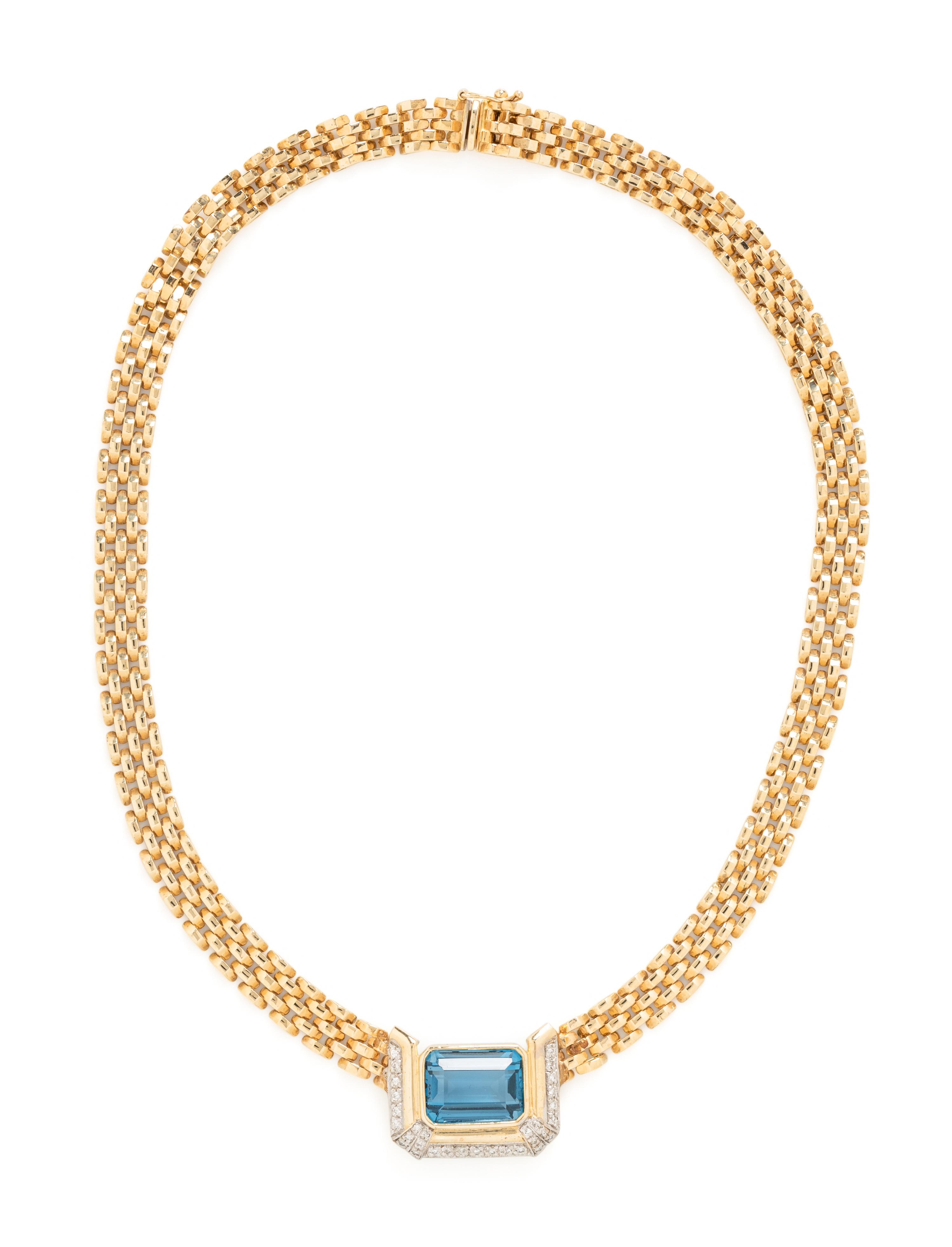 YELLOW GOLD, DIAMOND AND BLUE TOPAZ PENDANT NECKLACE