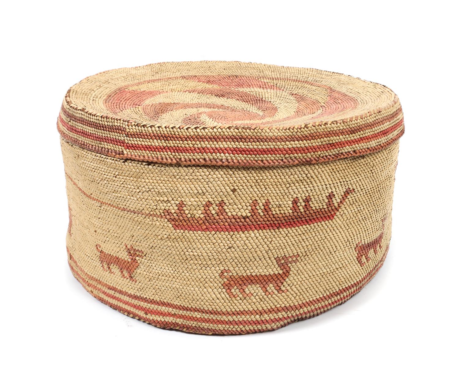 A Monumental Makah Lidded Treasure Basket Height 8 x diameter 14 inches.
