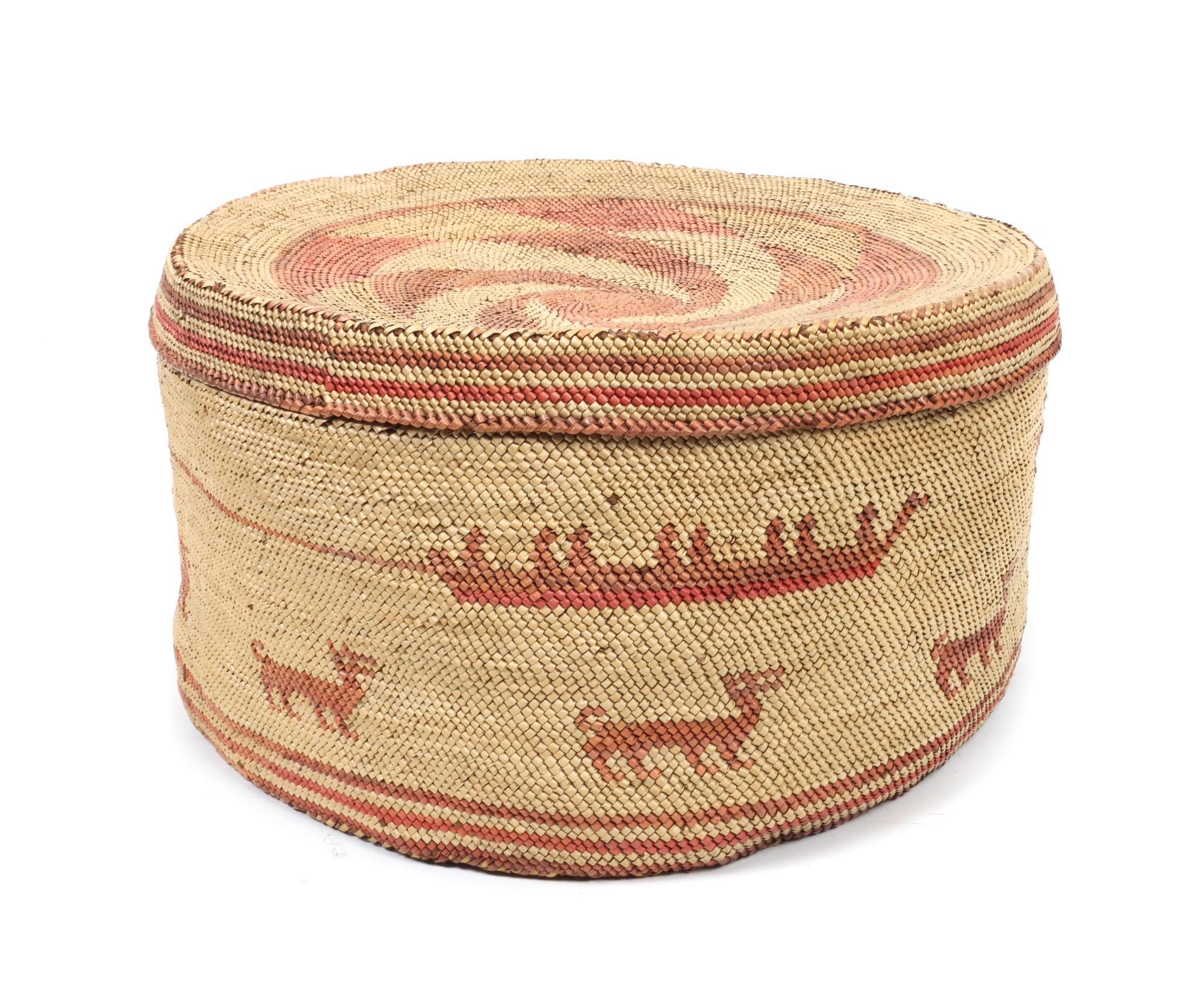 A Monumental Makah Lidded Treasure Basket Height 8 x diameter 14 inches.