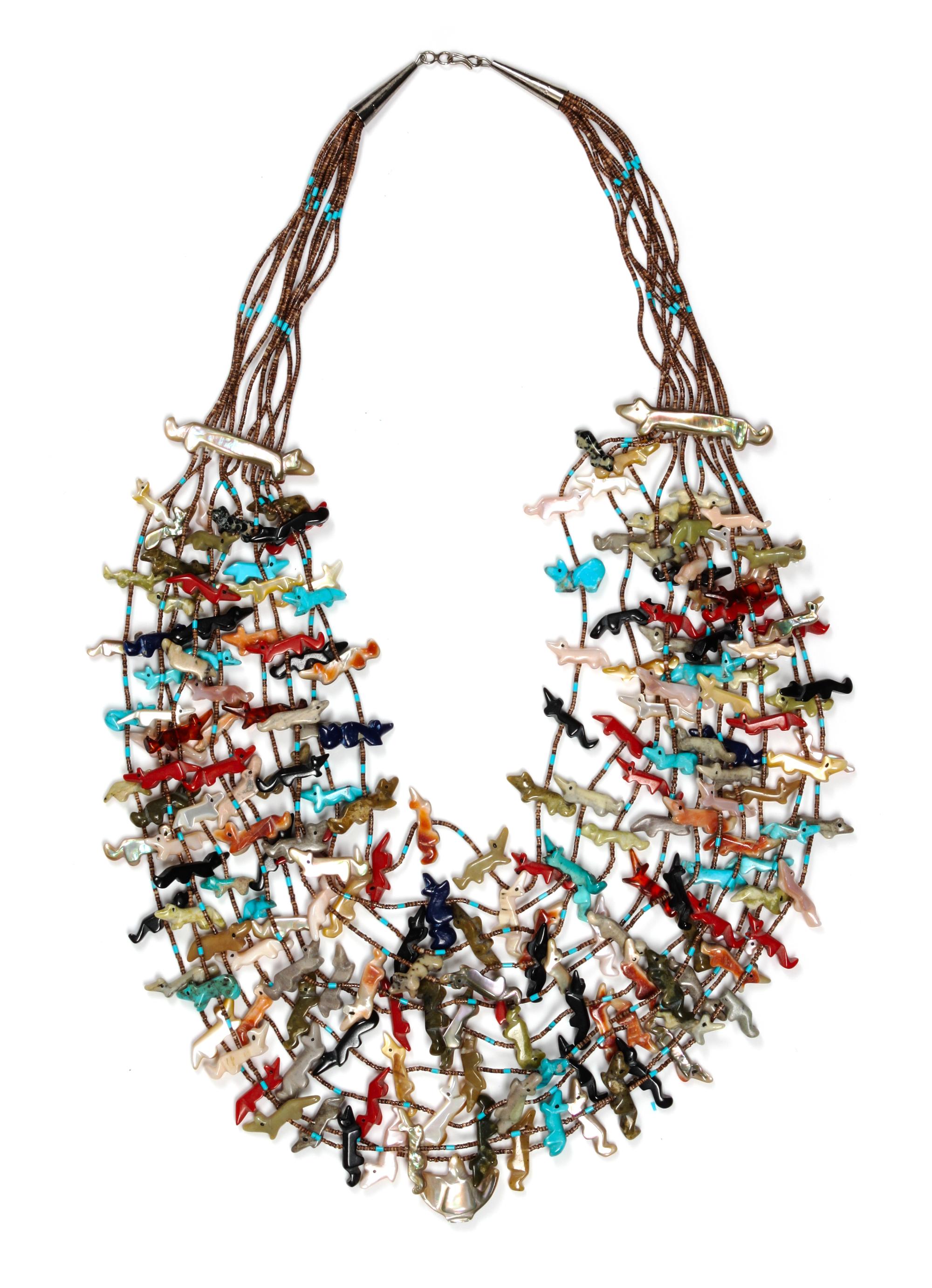 A Zuni Ten Strand Fetish Necklace Length 32 inches.