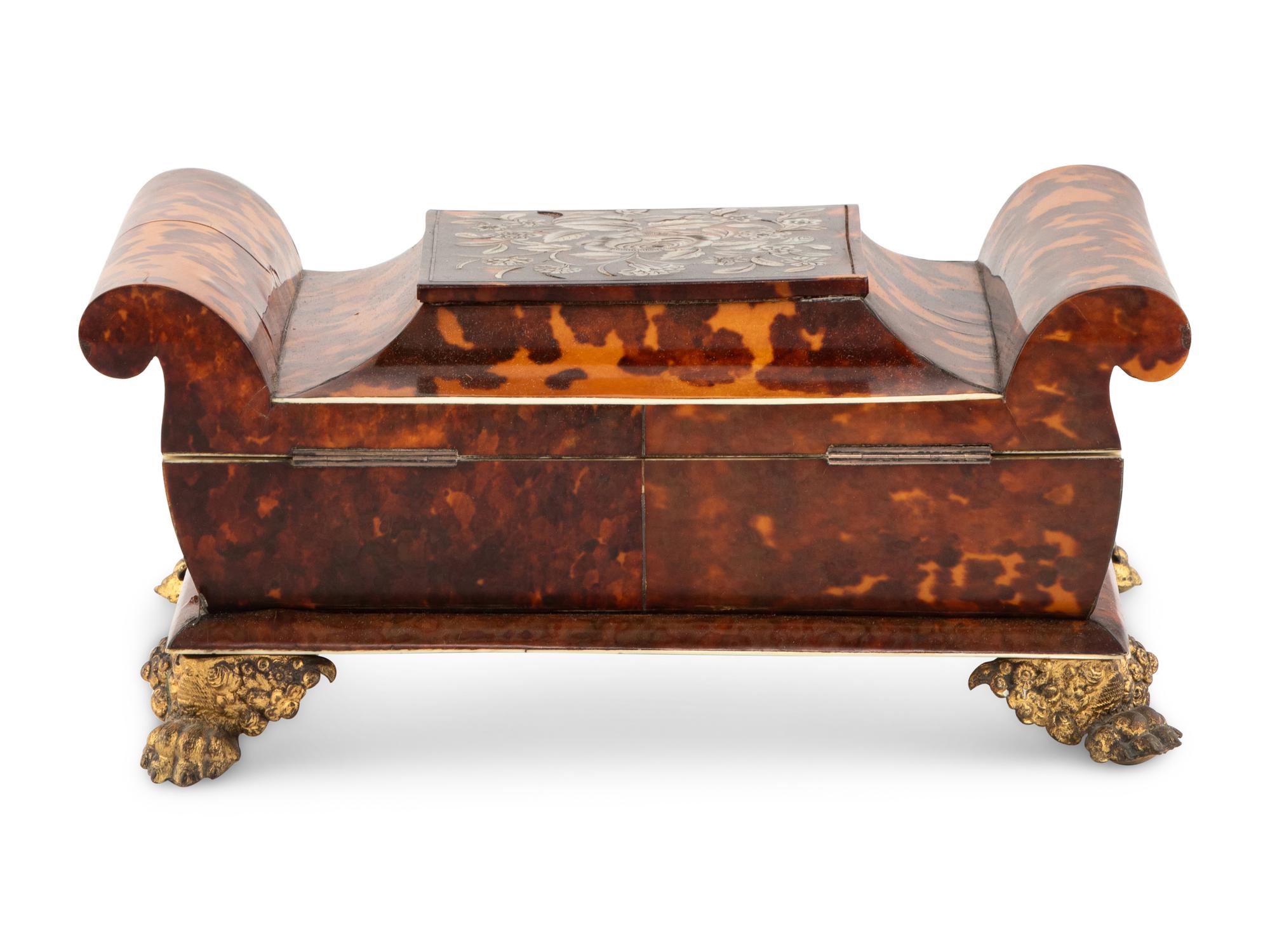 A Regency Tortoise Shell and Mother-of-Pearl Needlework Box