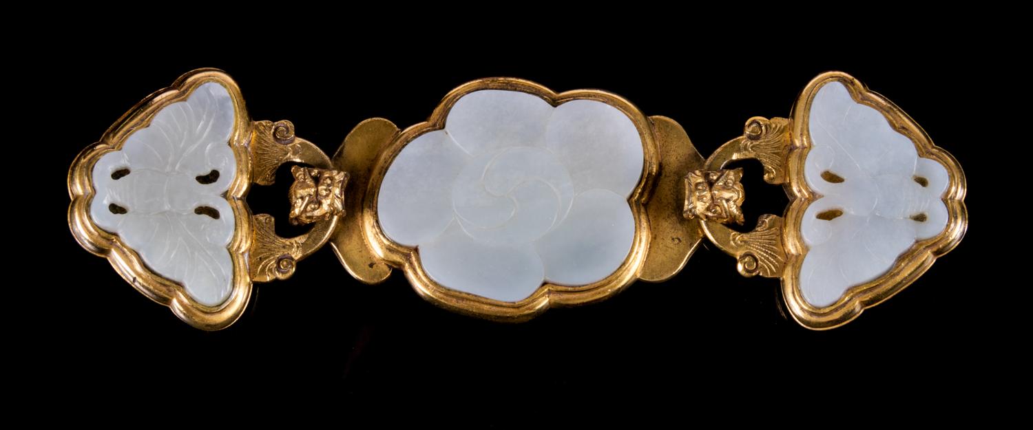 A Celadon Jade Inset Gilt Bronze Belt Buckle Length 6 inches. — 19TH CENTURY
