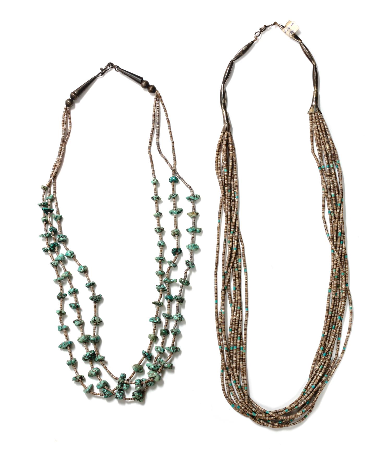 Two Santo Domingo Turquoise and Heishi Necklaces Length of longest 30 inches.