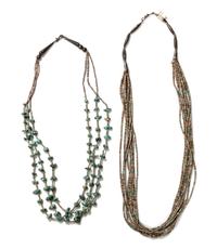 Two Santo Domingo Turquoise and Heishi Necklaces Length of longest 30 inches.