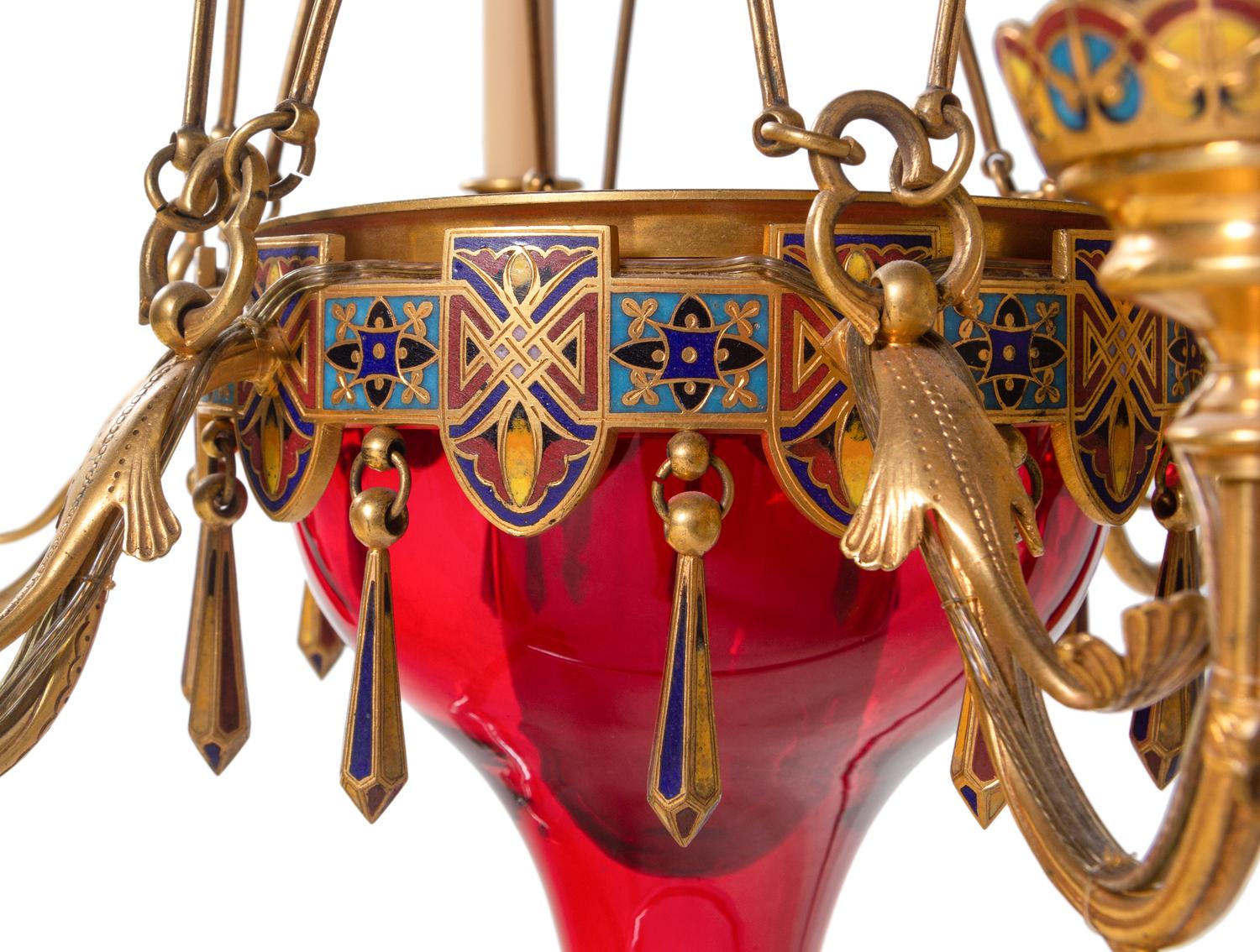 A Bohemian Champlevé Enamel, Gilt Bronze and Ruby Glass Six-Light Chandelier