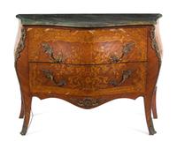 A Louis XV Style Gilt Metal Mounted Marquetry Marble-Top Commode