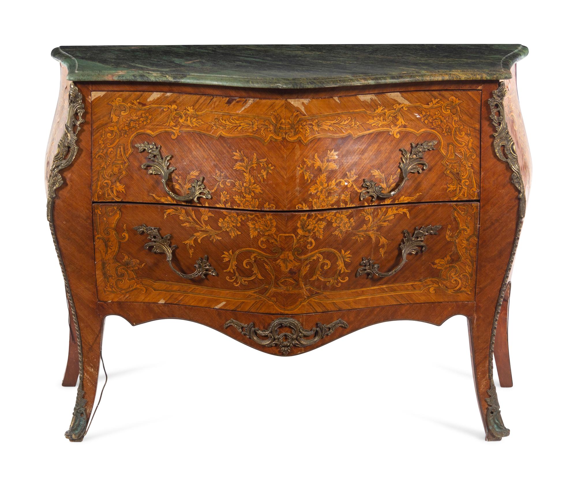 A Louis XV Style Gilt Metal Mounted Marquetry Marble-Top Commode