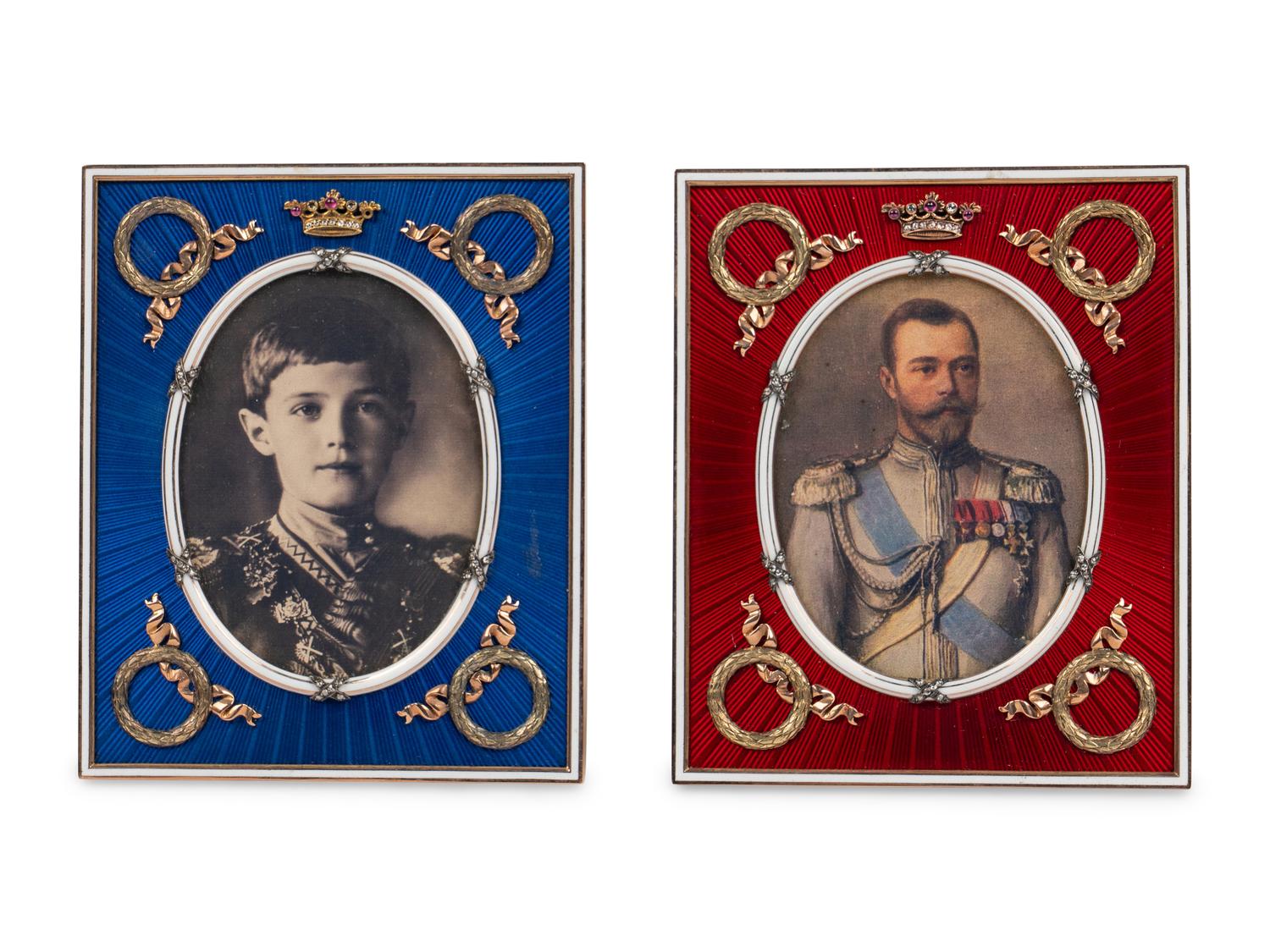 A Pair of Guilloché Enamel, 14k Vari-Color Gold, Diamond, and Cabochon-Mounted Picture Frames