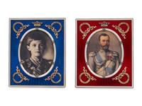A Pair of Guilloché Enamel, 14k Vari-Color Gold, Diamond, and Cabochon-Mounted Picture Frames