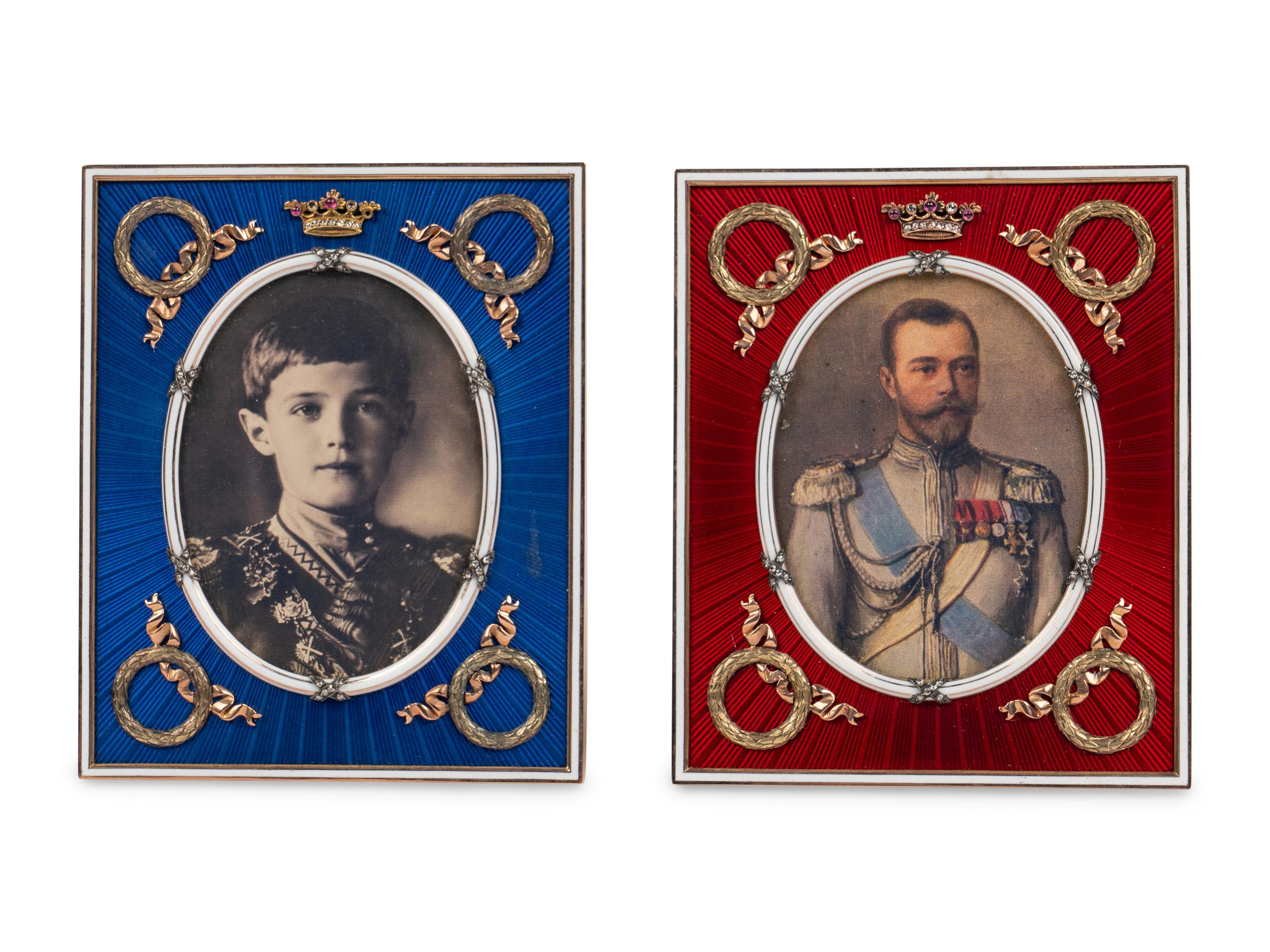 A Pair of Guilloché Enamel, 14k Vari-Color Gold, Diamond, and Cabochon-Mounted Picture Frames