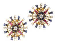 A Pair of Yellow Gold, Diamond, Sapphire and Ruby Earclips, 11.30 dwts.