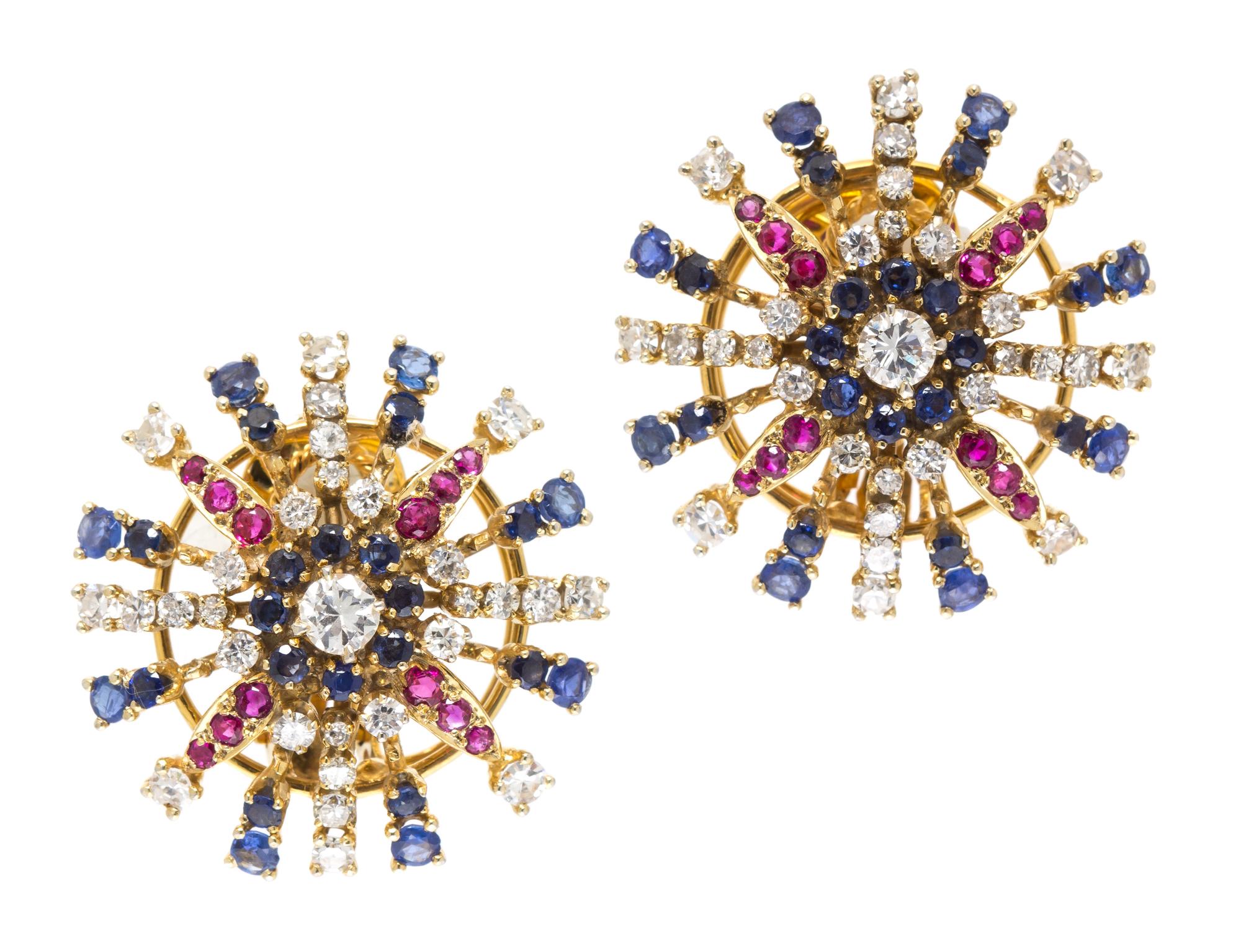 A Pair of Yellow Gold, Diamond, Sapphire and Ruby Earclips, 11.30 dwts.