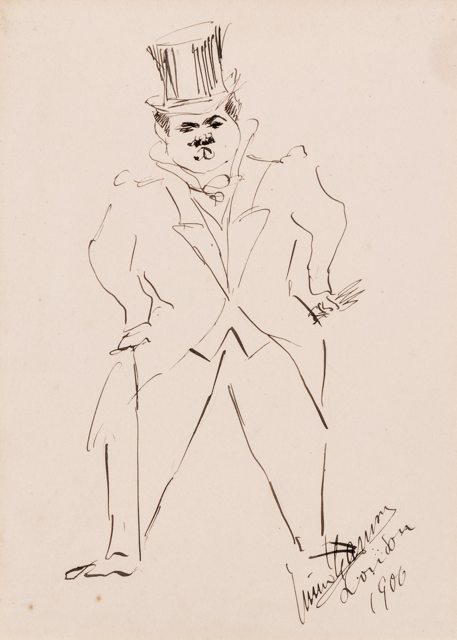 CARUSO, Enrico. Original drawing, a self-portrait/caricature, in pen and ink, on paper, signed and dated "Enrico Caruso London 1906"