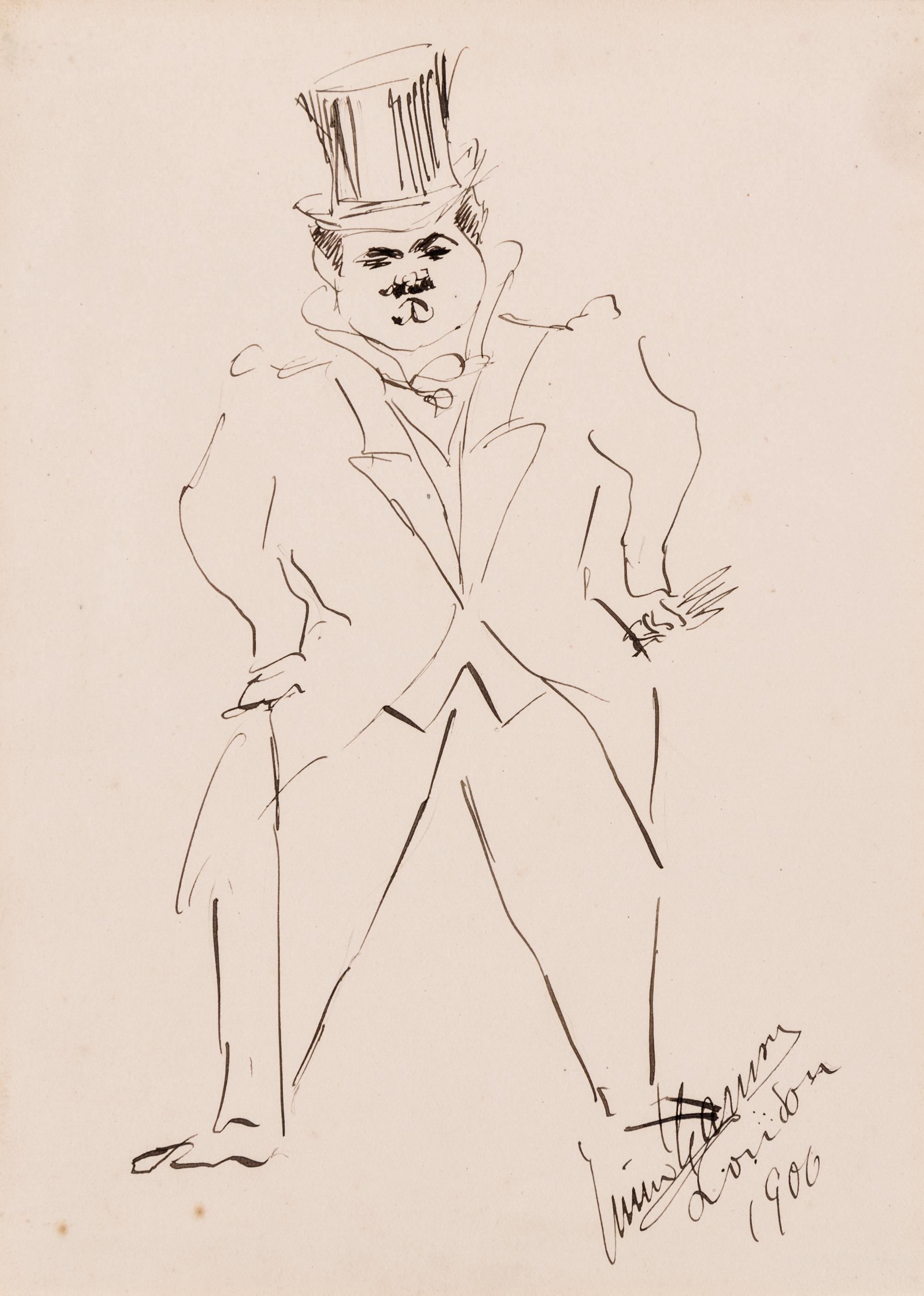 CARUSO, Enrico. Original drawing, a self-portrait/caricature, in pen and ink, on paper, signed and dated "Enrico Caruso London 1906"