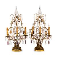 A Pair of French Gilt Metal and Cut Glass Three-Light Girandoles