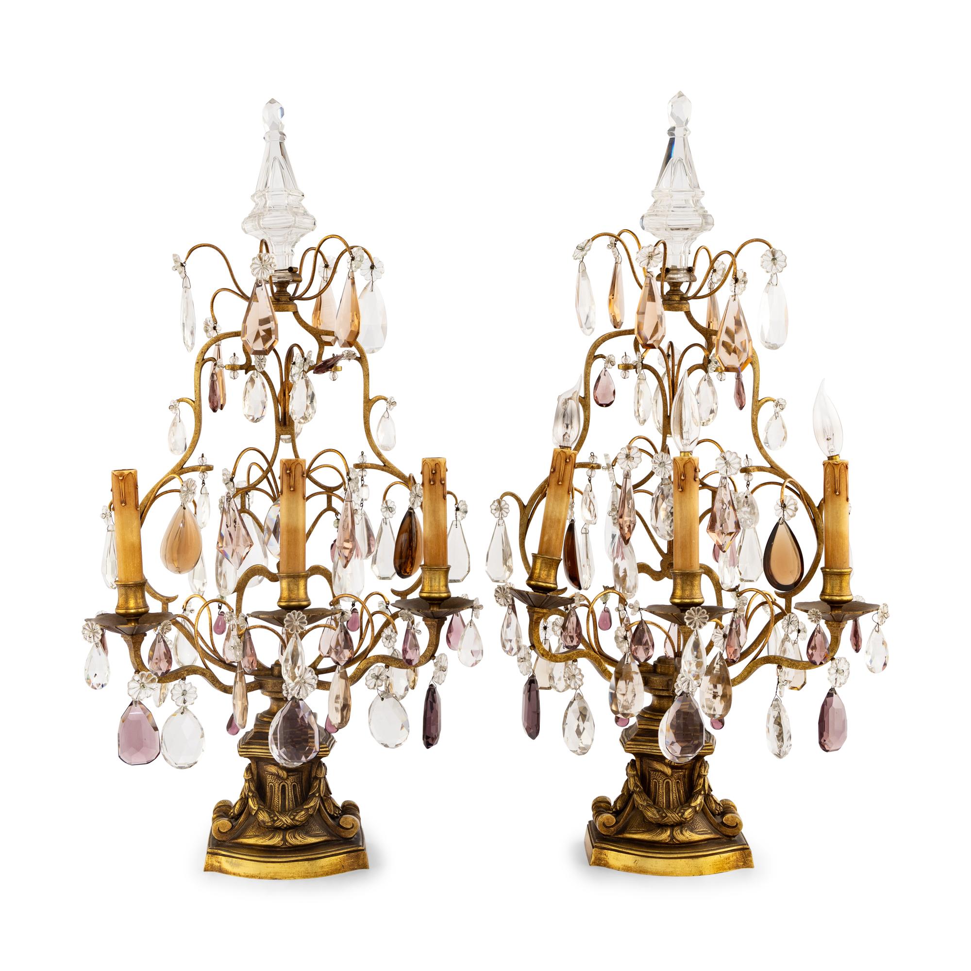 A Pair of French Gilt Metal and Cut Glass Three-Light Girandoles