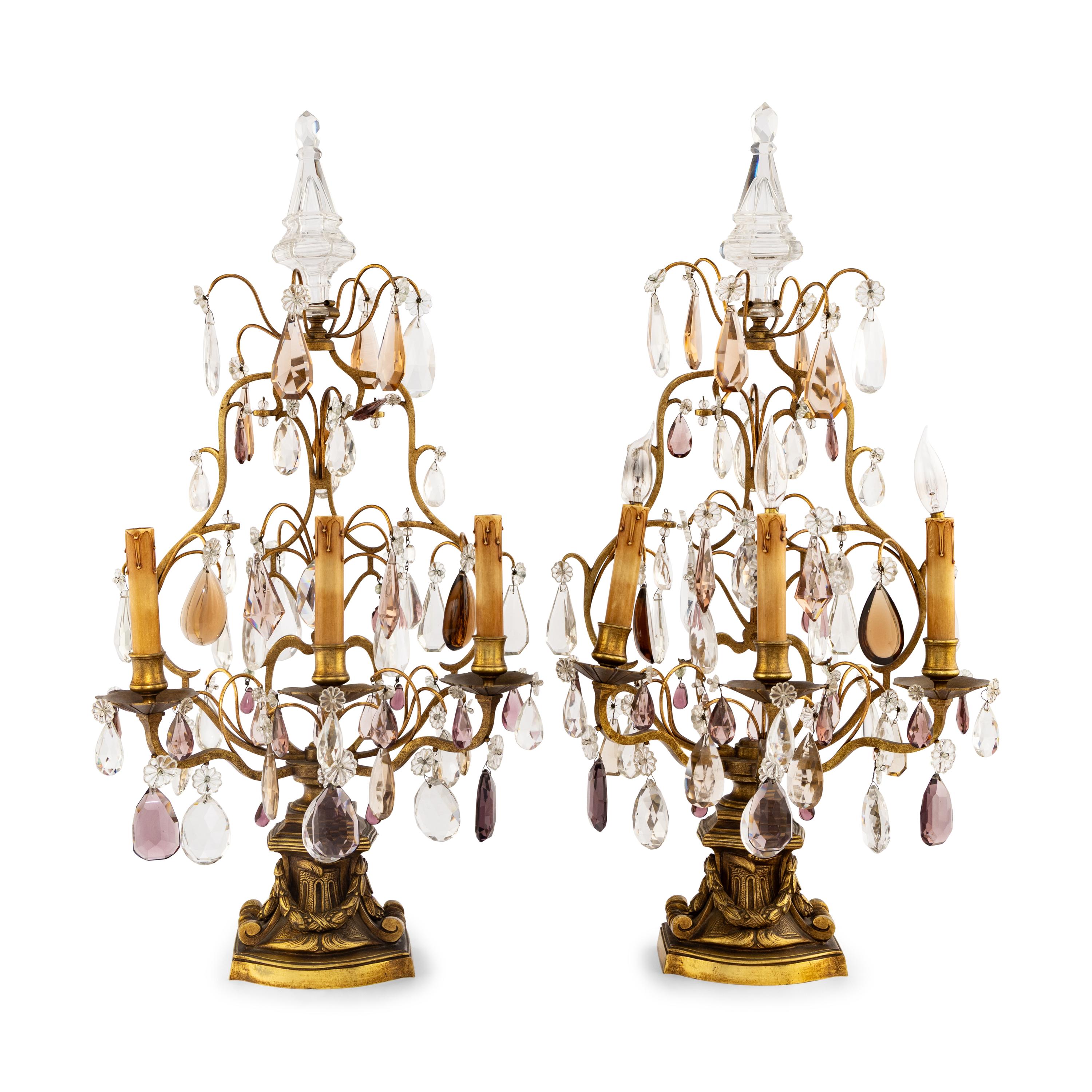 A Pair of French Gilt Metal and Cut Glass Three-Light Girandoles