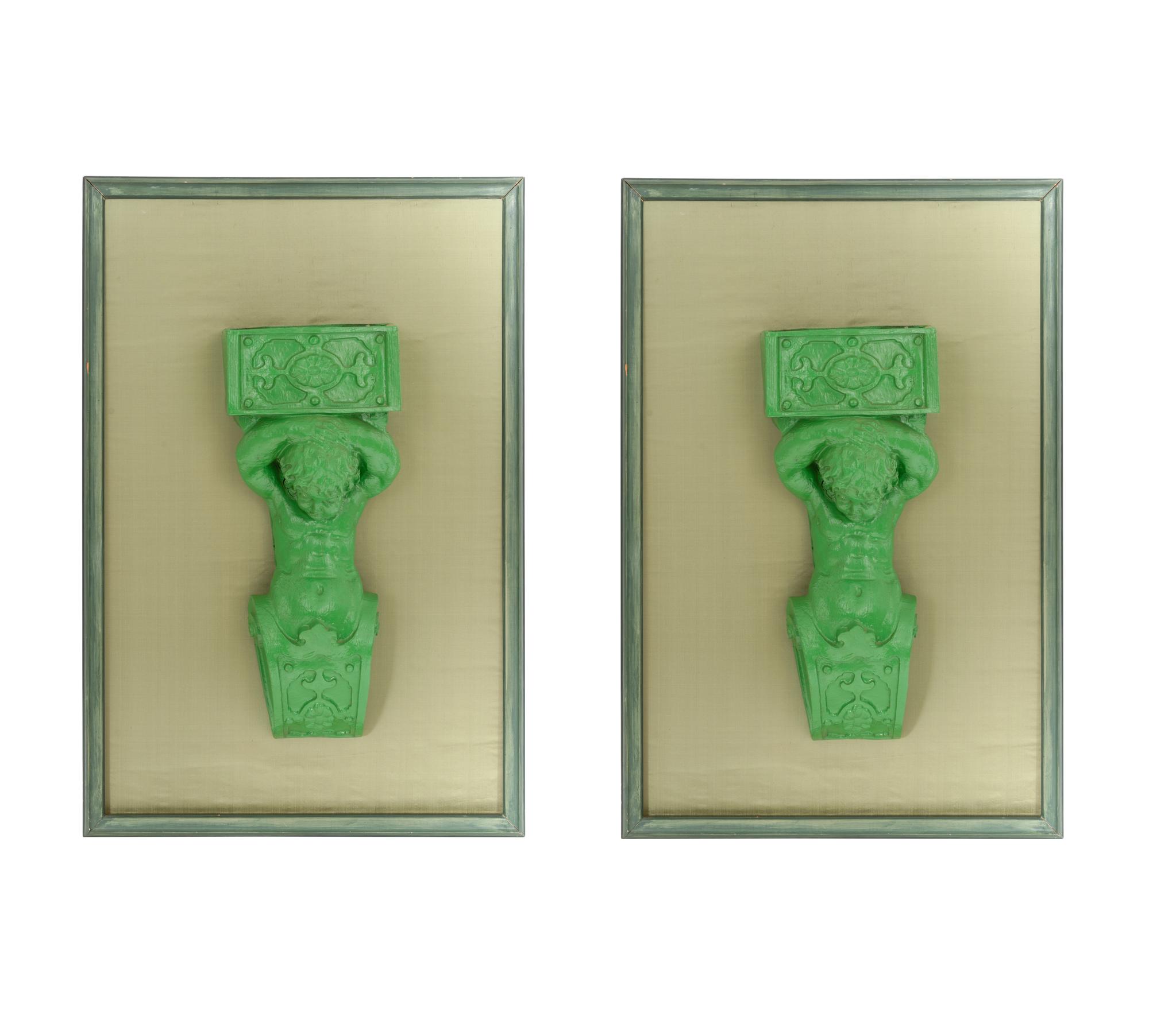 A Pair of Green-Painted Papier Mâché Figural Hanging Jardinières
