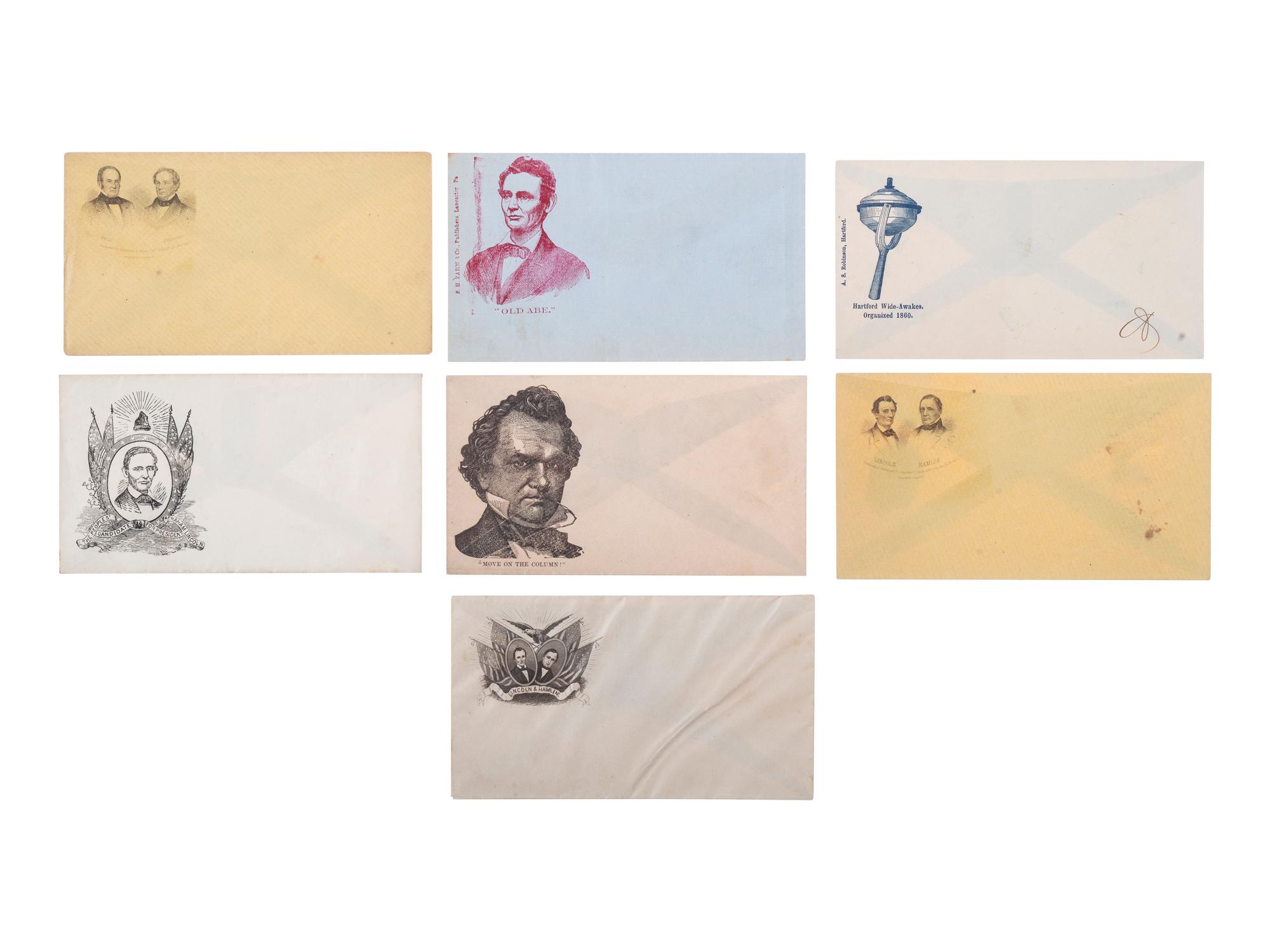 [POLITICS IN AMERICA -- 1860 ELECTION]. A group of 13 covers featuring Abraham LINCOLN, Stephen A. DOUGLAS, and John C. BELL, with embossed examples.