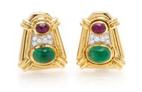 A Pair of 18 Karat Yellow Gold, Platinum, Ruby, Emerald and Diamond Earclips, David Webb, 17.50 dwts.