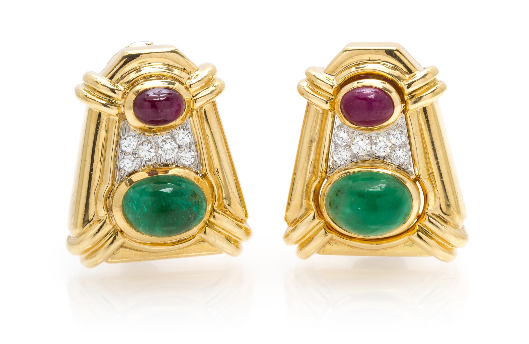 A Pair of 18 Karat Yellow Gold, Platinum, Ruby, Emerald and Diamond Earclips, David Webb, 17.50 dwts.