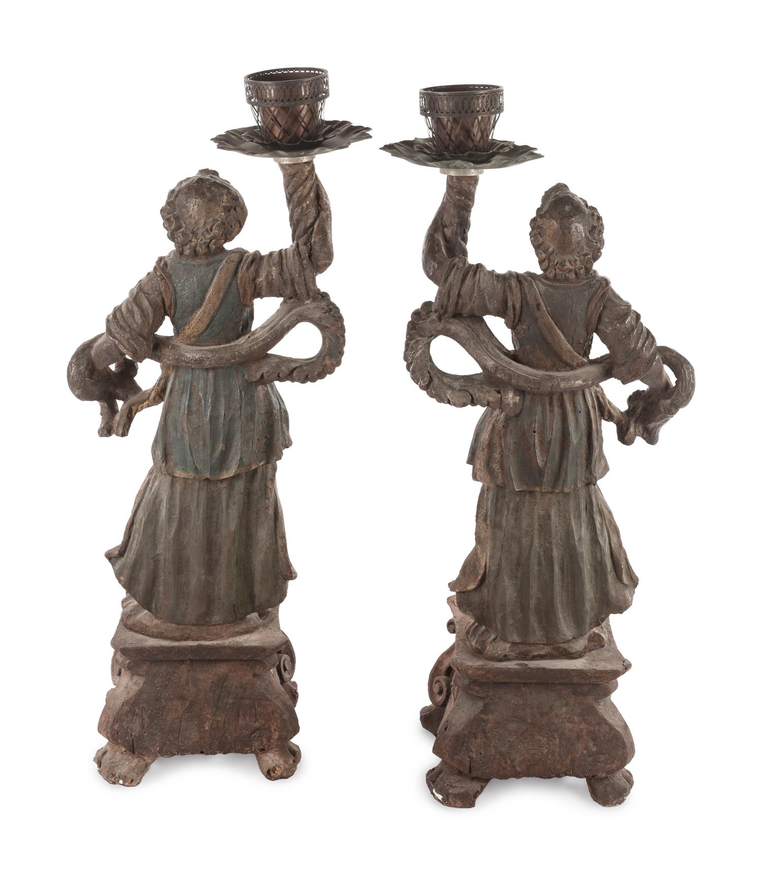 Two Neapolitan Carved and Painted Figural Pricket Sticks