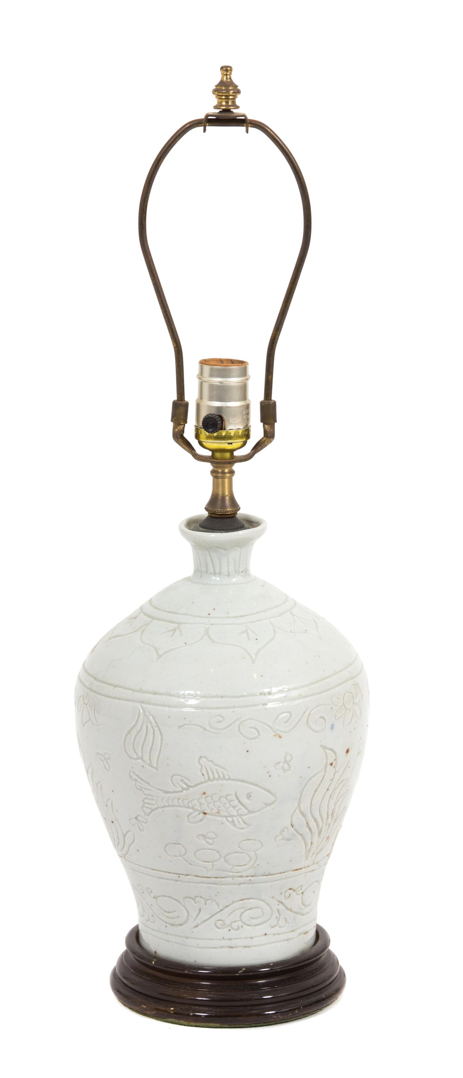 Two White Lamps Height of taller 21 inches to finial. — 20TH CENTURY