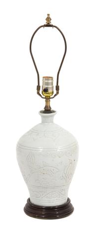 Two White Lamps Height of taller 21 inches to finial. — 20TH CENTURY
