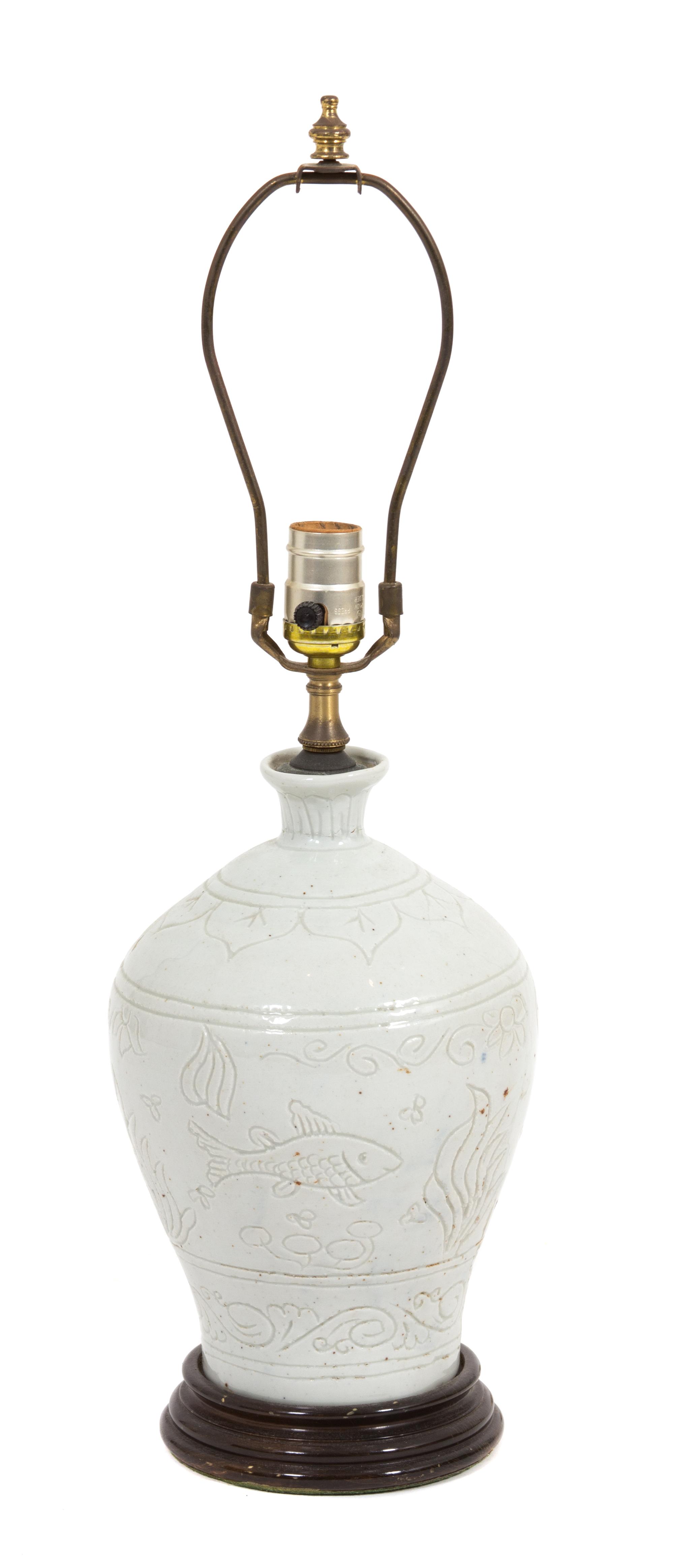 Two White Lamps Height of taller 21 inches to finial. — 20TH CENTURY
