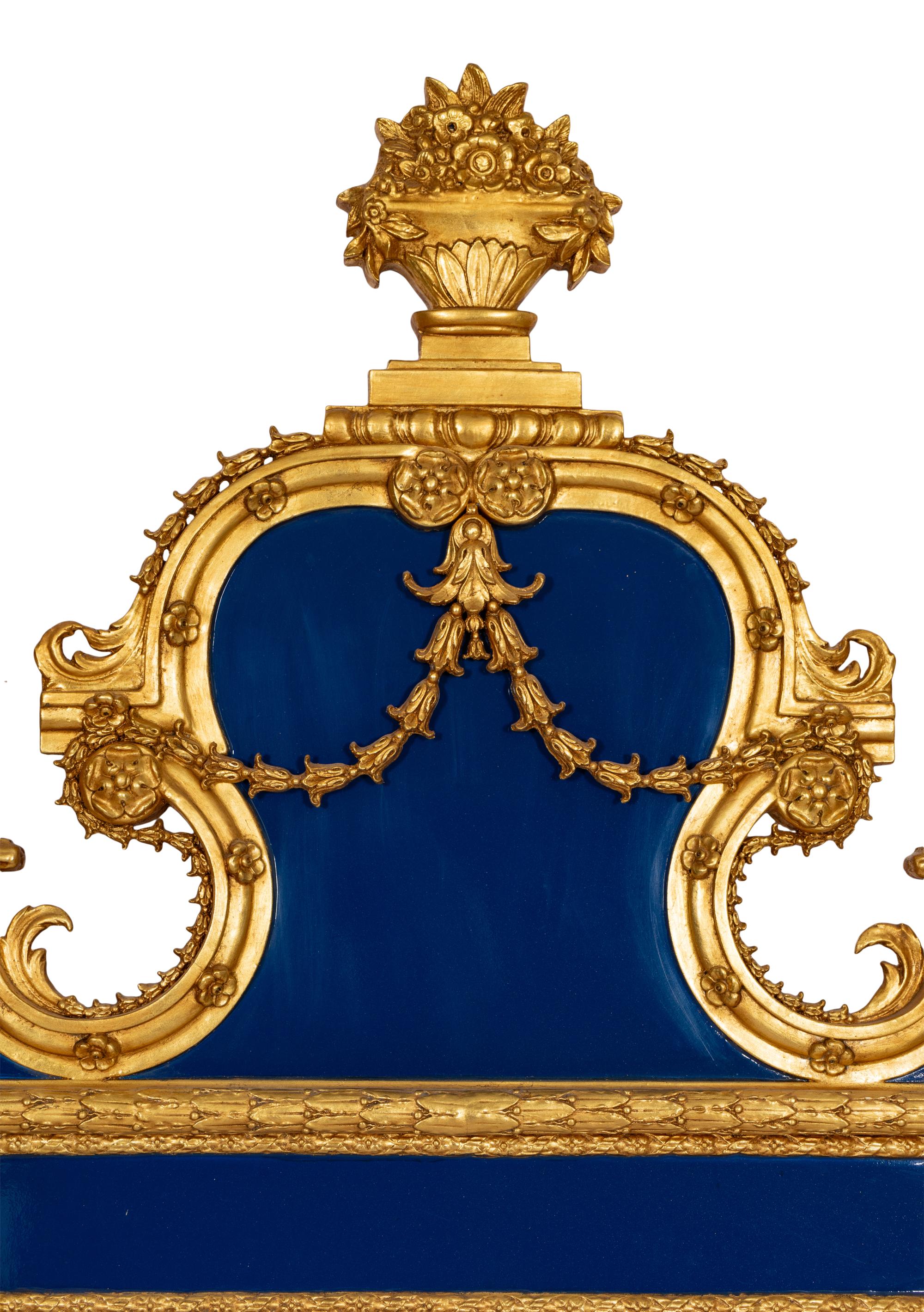 A Large Swedish Baroque Style Blue-Laquer and Parcel Gilt Mirror